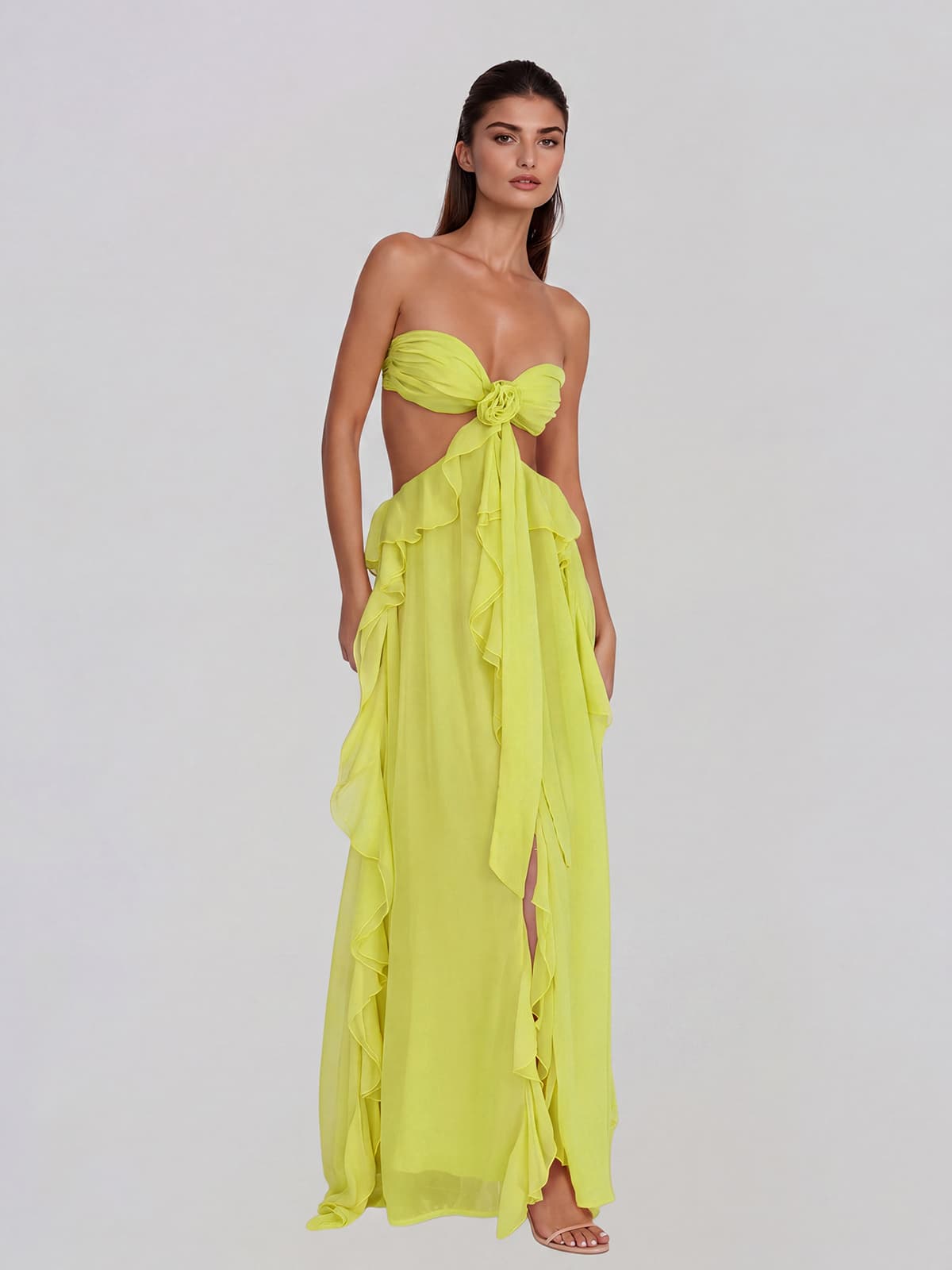 Fyntrix Strapless Ruffle Maxi Dress In Chartreuse - Image 4