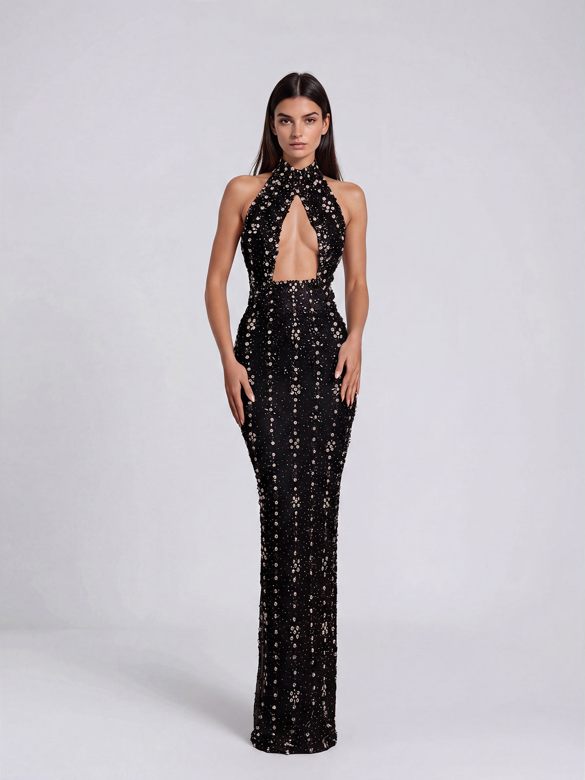 Genvyra Halterneck Cutout Diamond Maxi Dress In Black