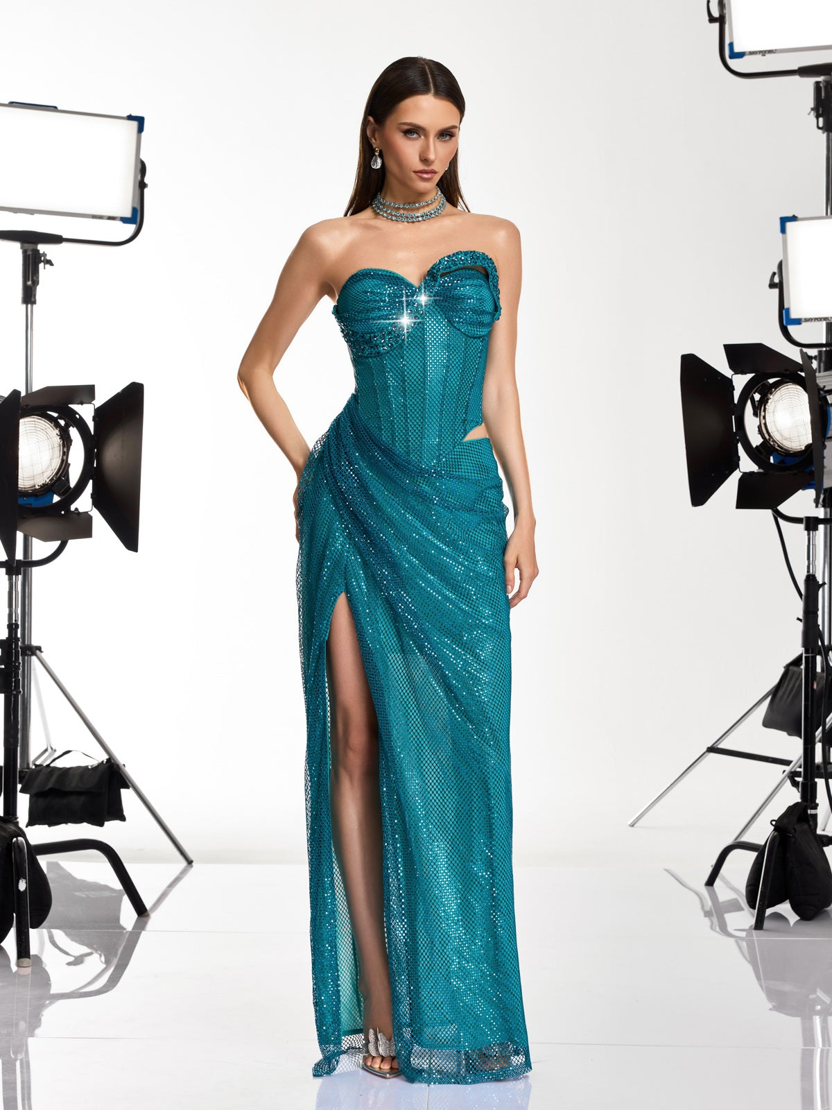 Gethan Strapless Rhinestone Mesh Maxi Dress - Image 2