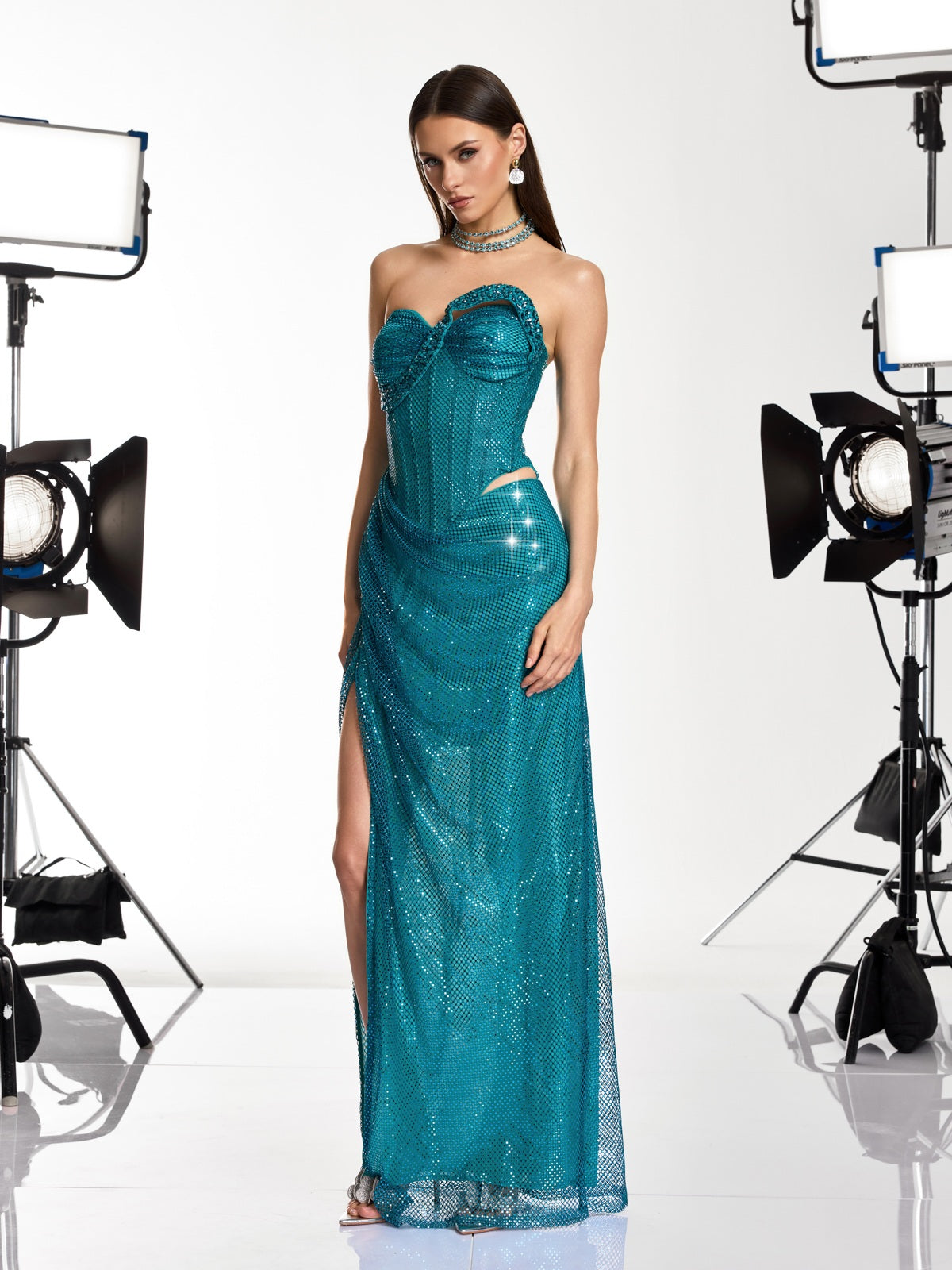Gethan Strapless Rhinestone Mesh Maxi Dress - Image 3