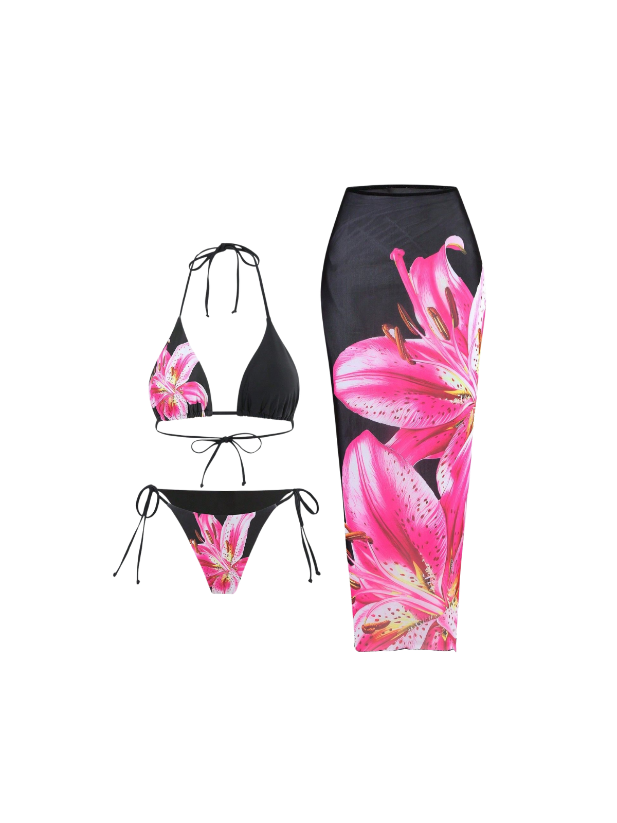 Grynn Floral Bikini Three Piece Set In Black - Image 7