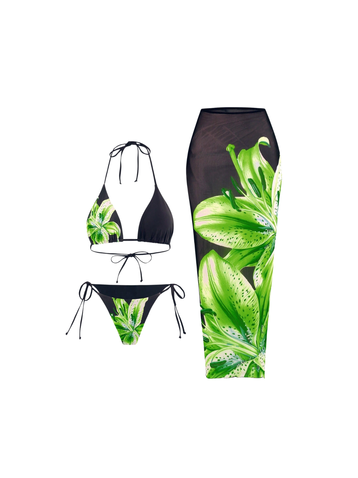 Grynn Floral Bikini Three Piece Set In Green - Image 7