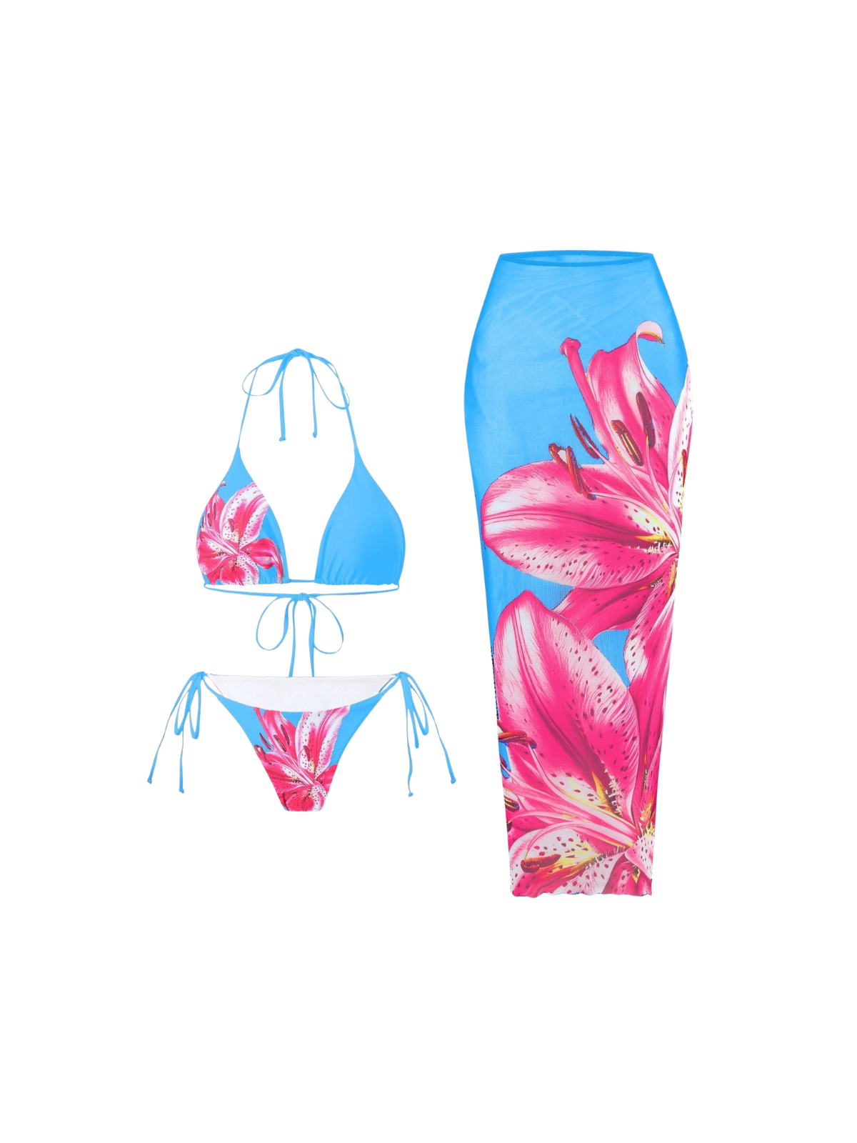 Grynn Floral Bikini Three Piece Set In Turquoise - Image 8