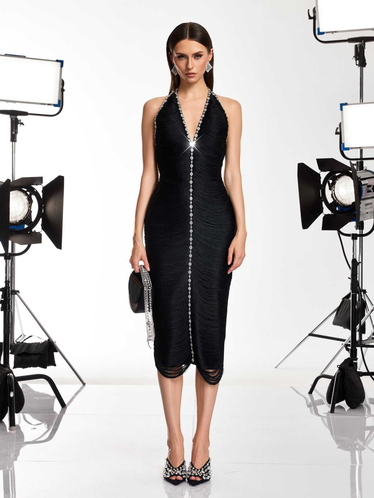 Halric V Neck Fringe Rhinestone Midi Dress