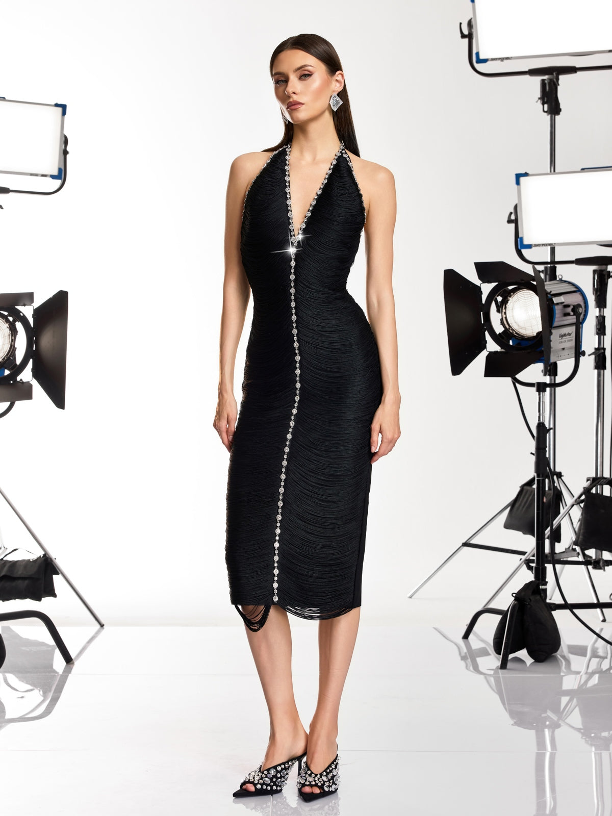 Halric V Neck Fringe Rhinestone Midi Dress - Image 3