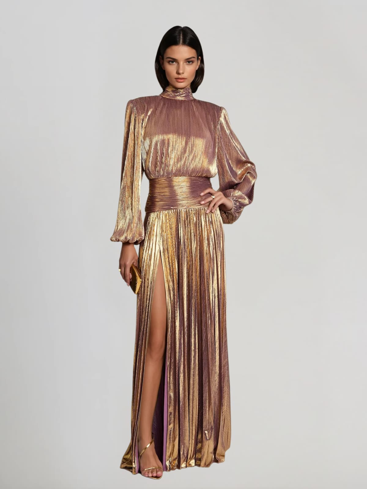 Hamilton Pleated Metallic Split Maxi Dress In Brown