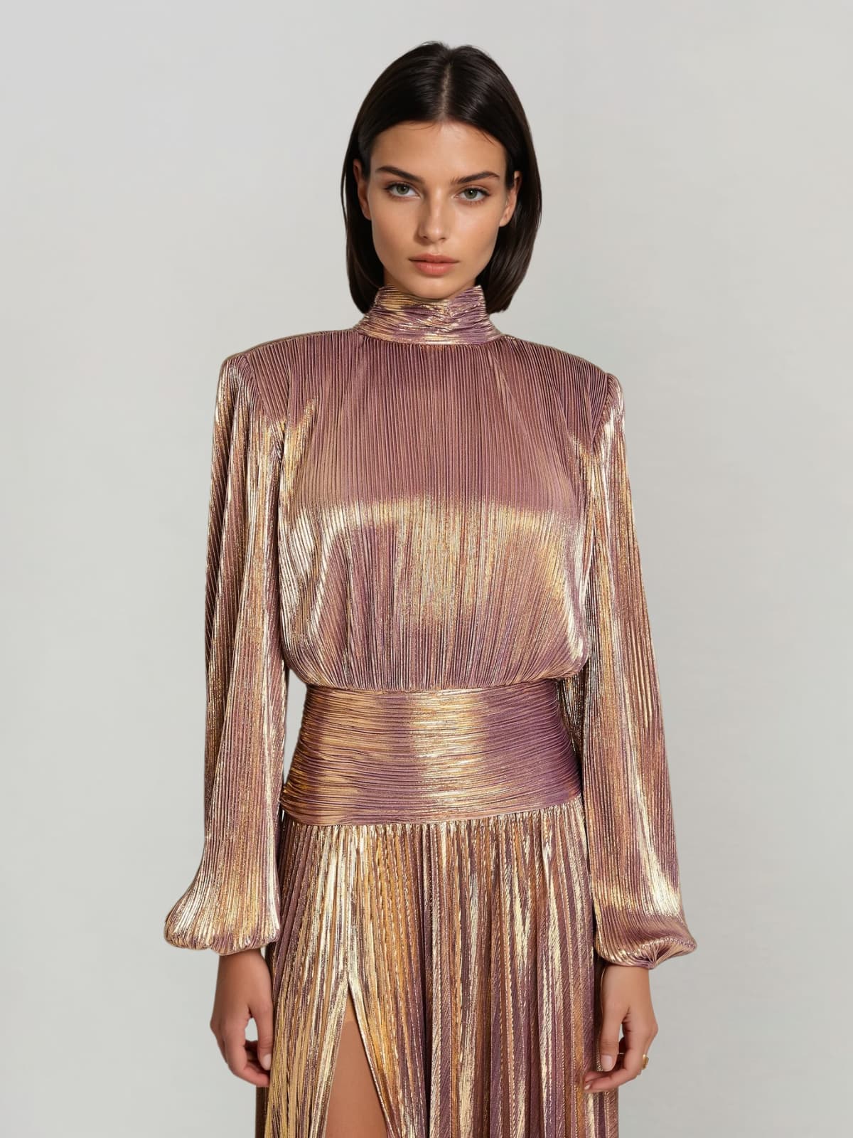 Hamilton Pleated Metallic Split Maxi Dress In Brown - Image 2