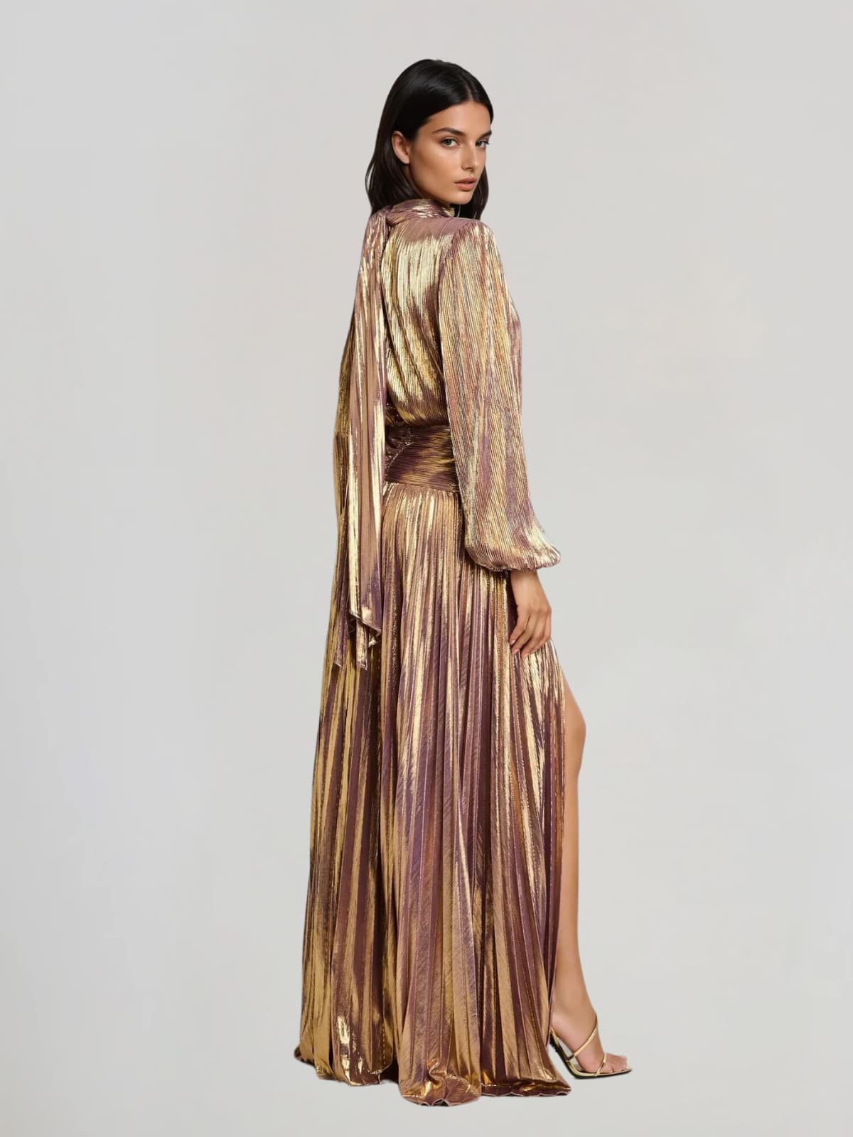 Hamilton Pleated Metallic Split Maxi Dress In Brown - Image 3