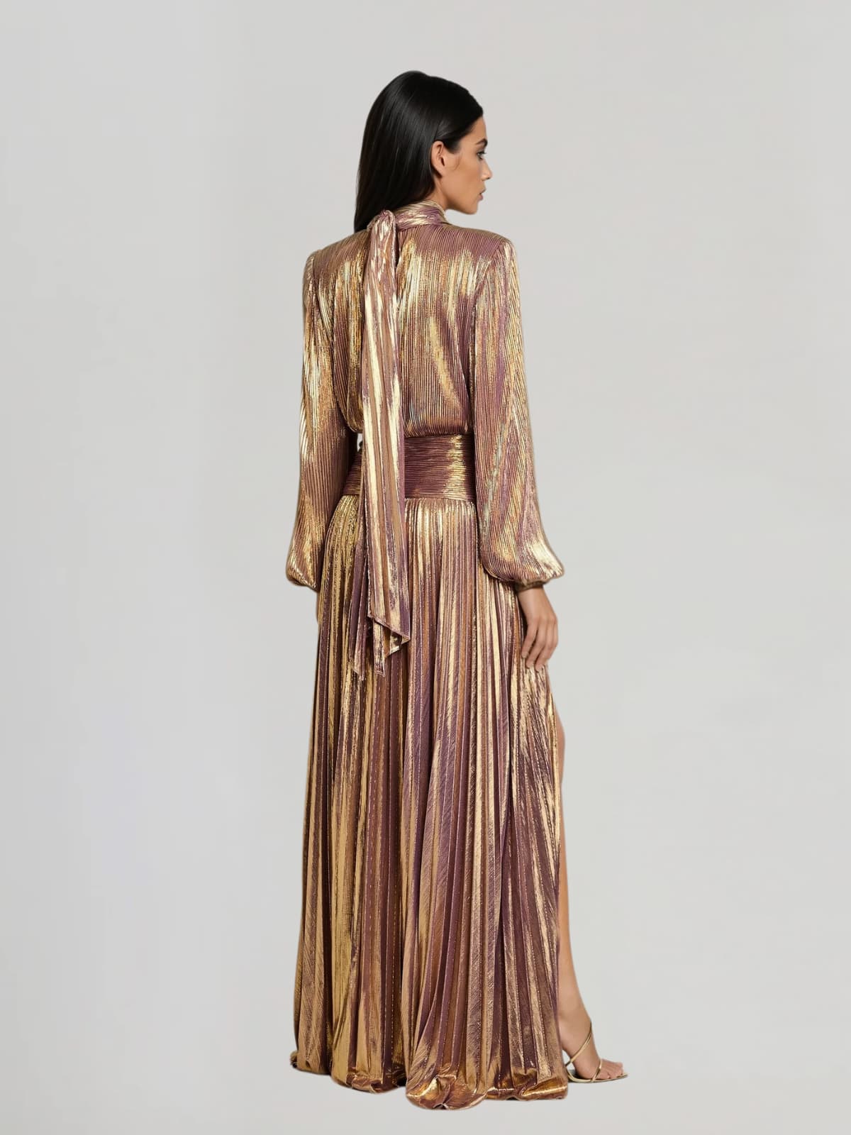 Hamilton Pleated Metallic Split Maxi Dress In Brown - Image 4