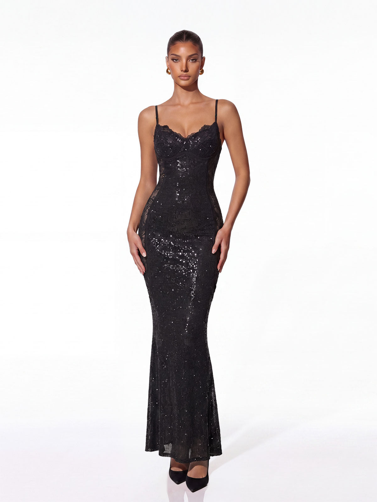 Helvik Spaghetti Lace Rhinestone Maxi Dress