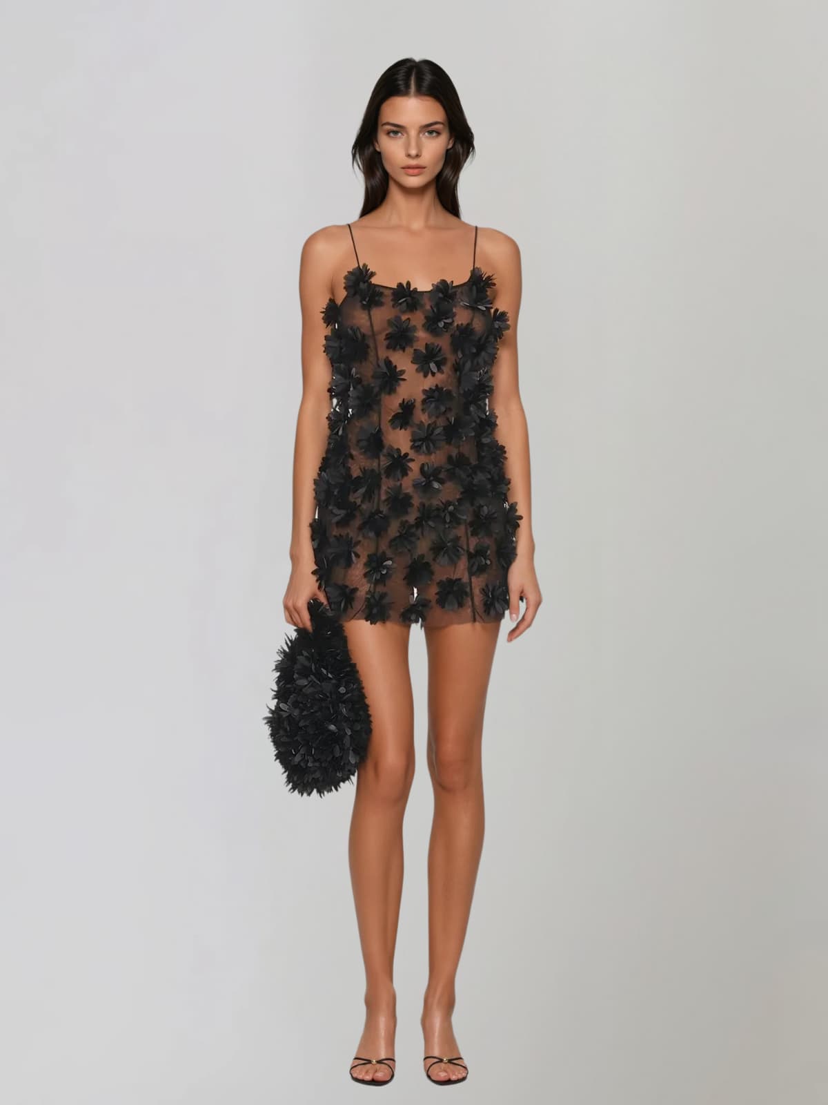 Hesrel Spaghetti Flower Mesh Mini Dress In Black