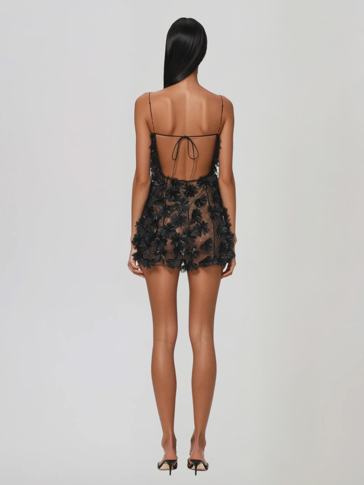 Hesrel Spaghetti Flower Mesh Mini Dress In Black - Image 3