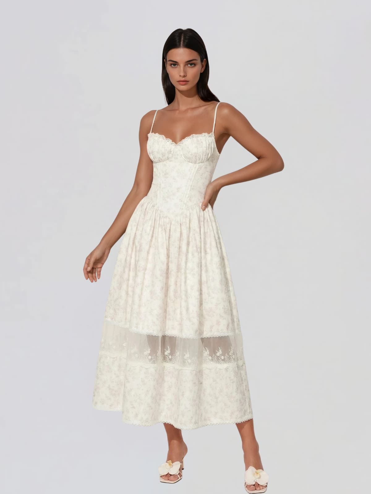 Hestor Spaghetti Lace Up Floral Midi Dress