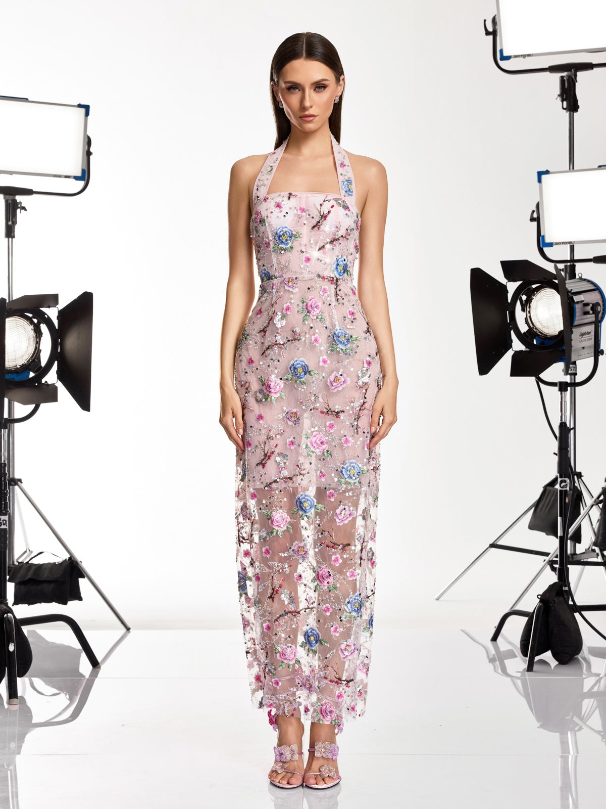Iravora Halterneck Flower Mesh Maxi Dress