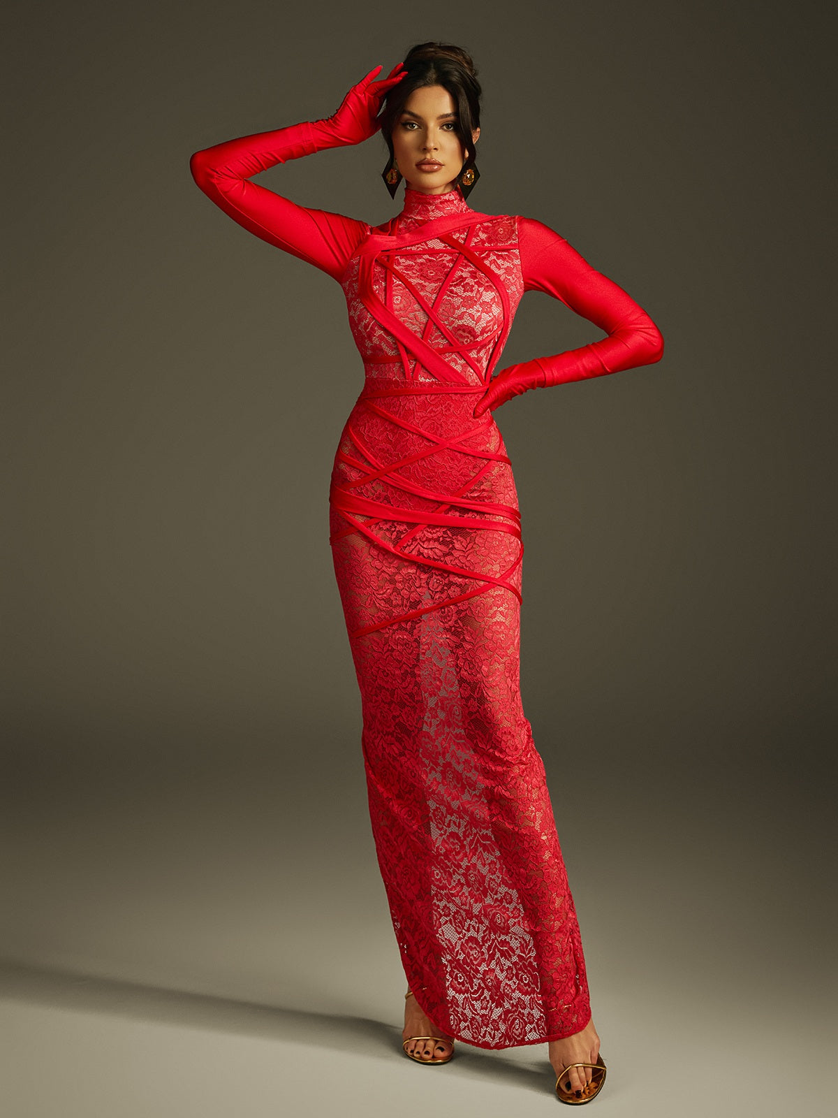 Jeyra Lace Split Maxi Dress With Gloves - Image 5