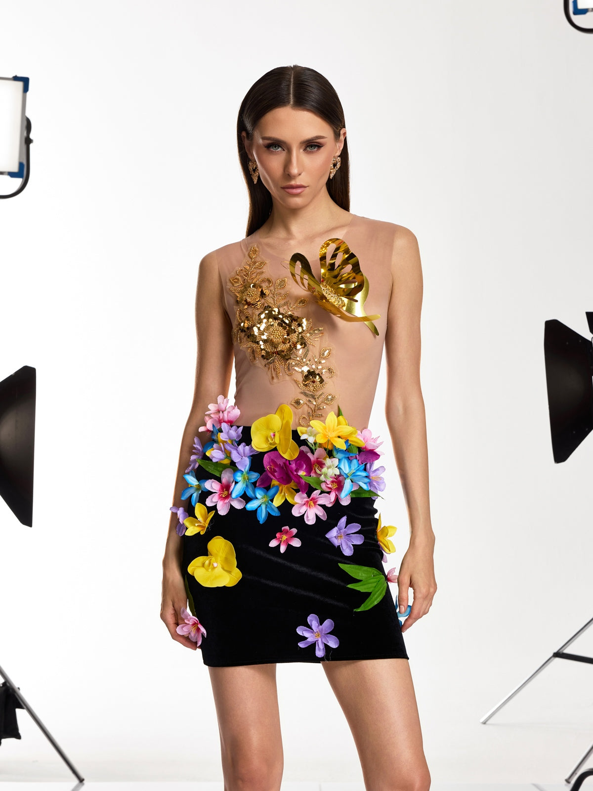 Jorven Flower Sequin Velvet Mini Dress
