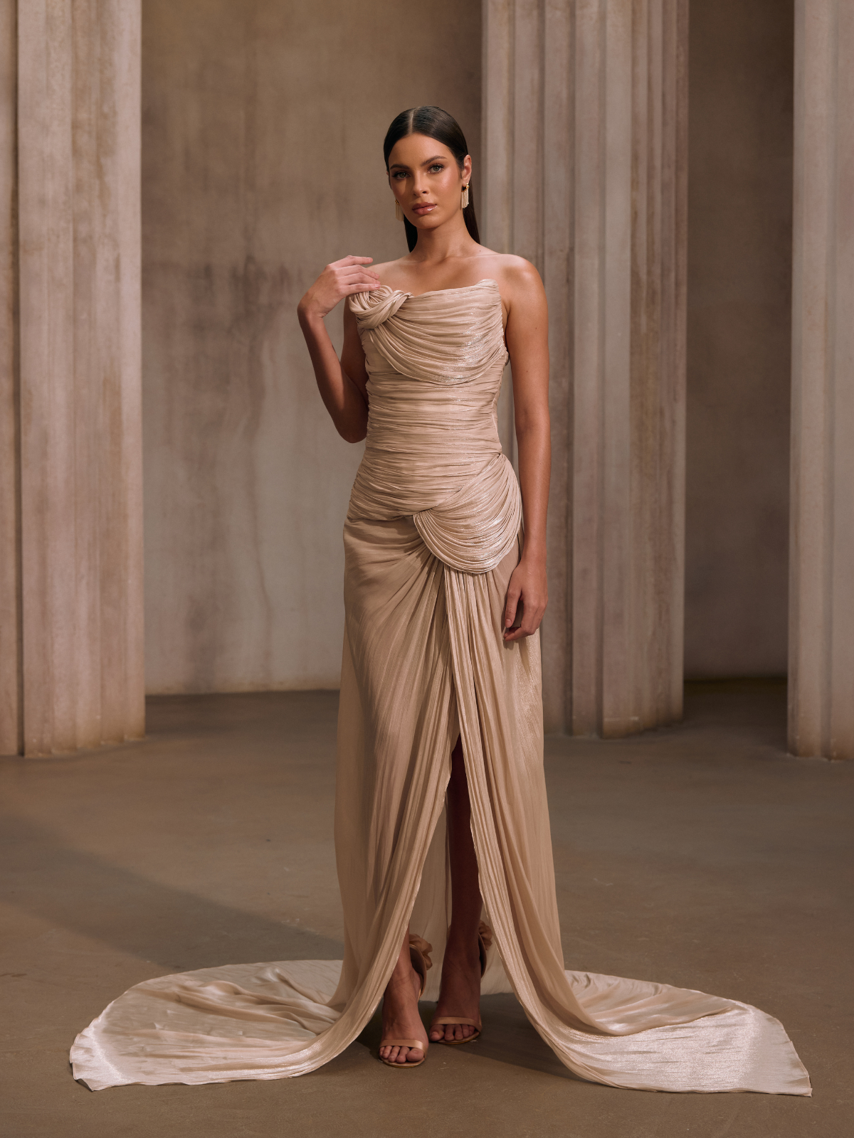 Kawasakix Strapless Ruched Split Maxi Dress In Ivory - Image 3