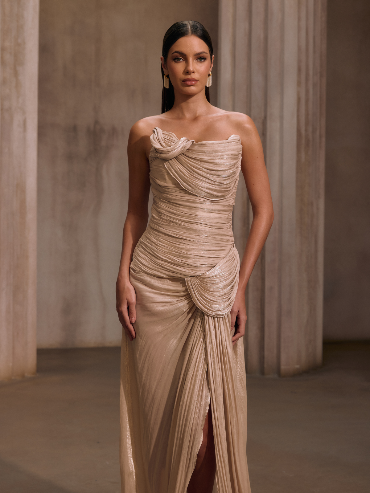 Kawasakix Strapless Ruched Split Maxi Dress In Ivory - Image 4