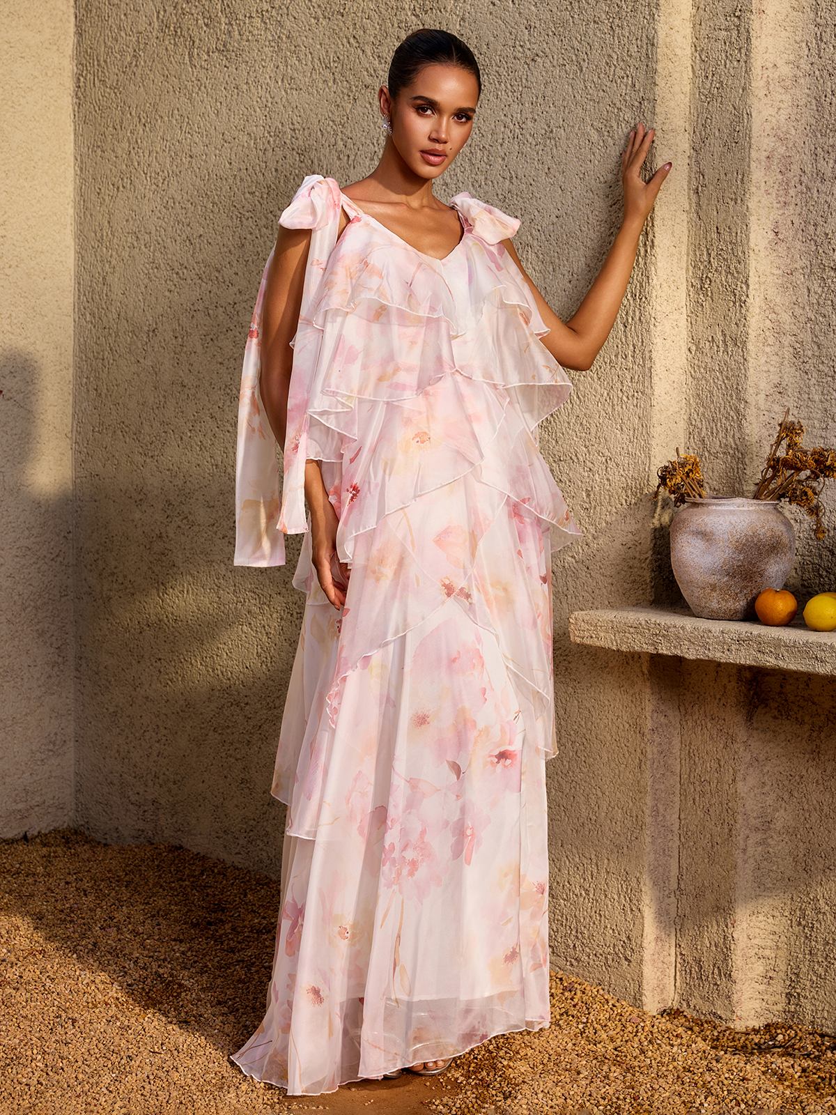 Kelvo V Neck Ruffle Floral Maxi Dress