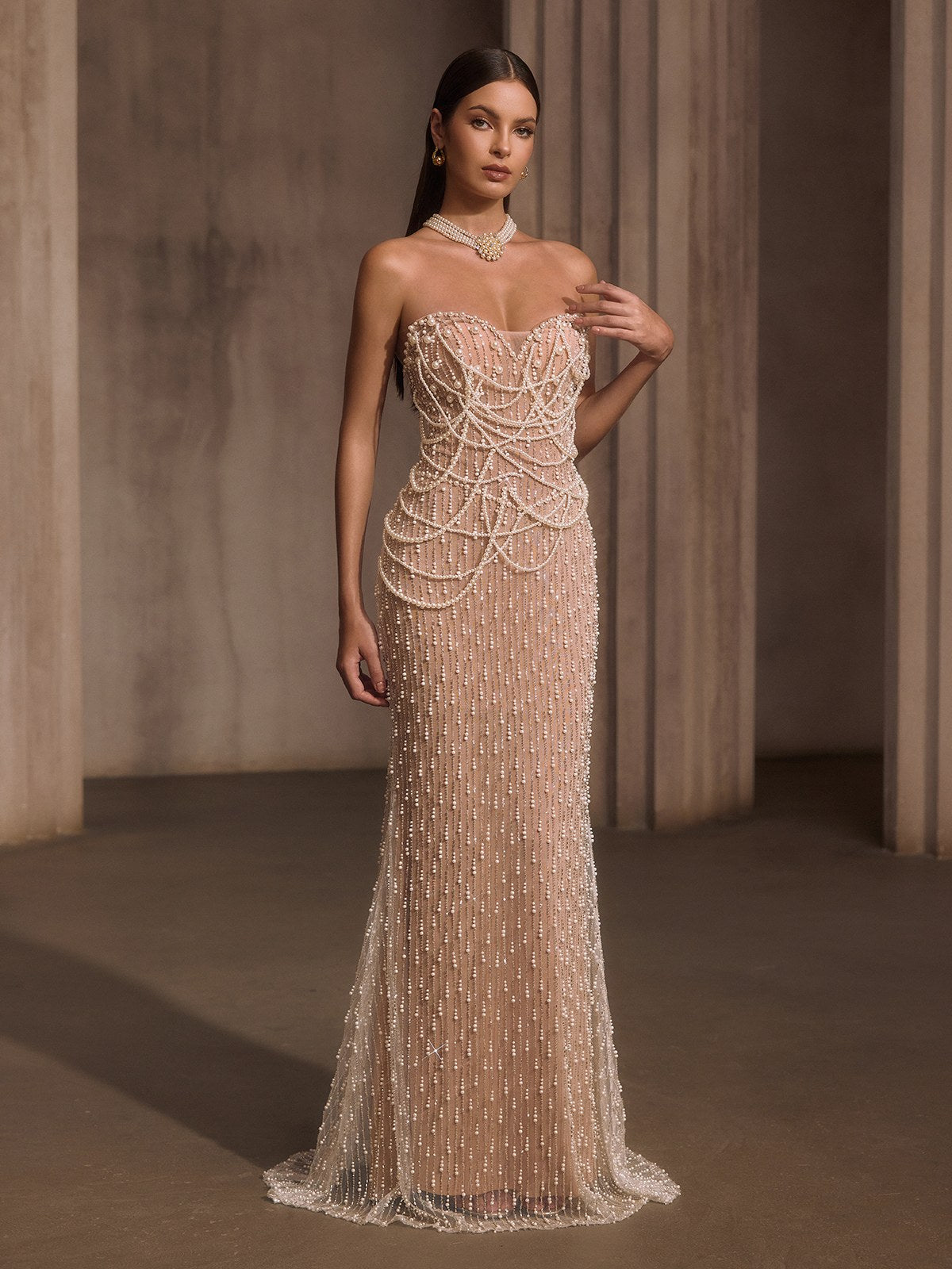 Lelyxyn Strapless Pearl Fringe Chain Maxi Dress - Image 2