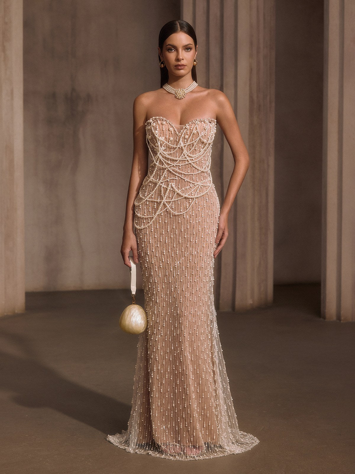 Lelyxyn Strapless Pearl Fringe Chain Maxi Dress - Image 3