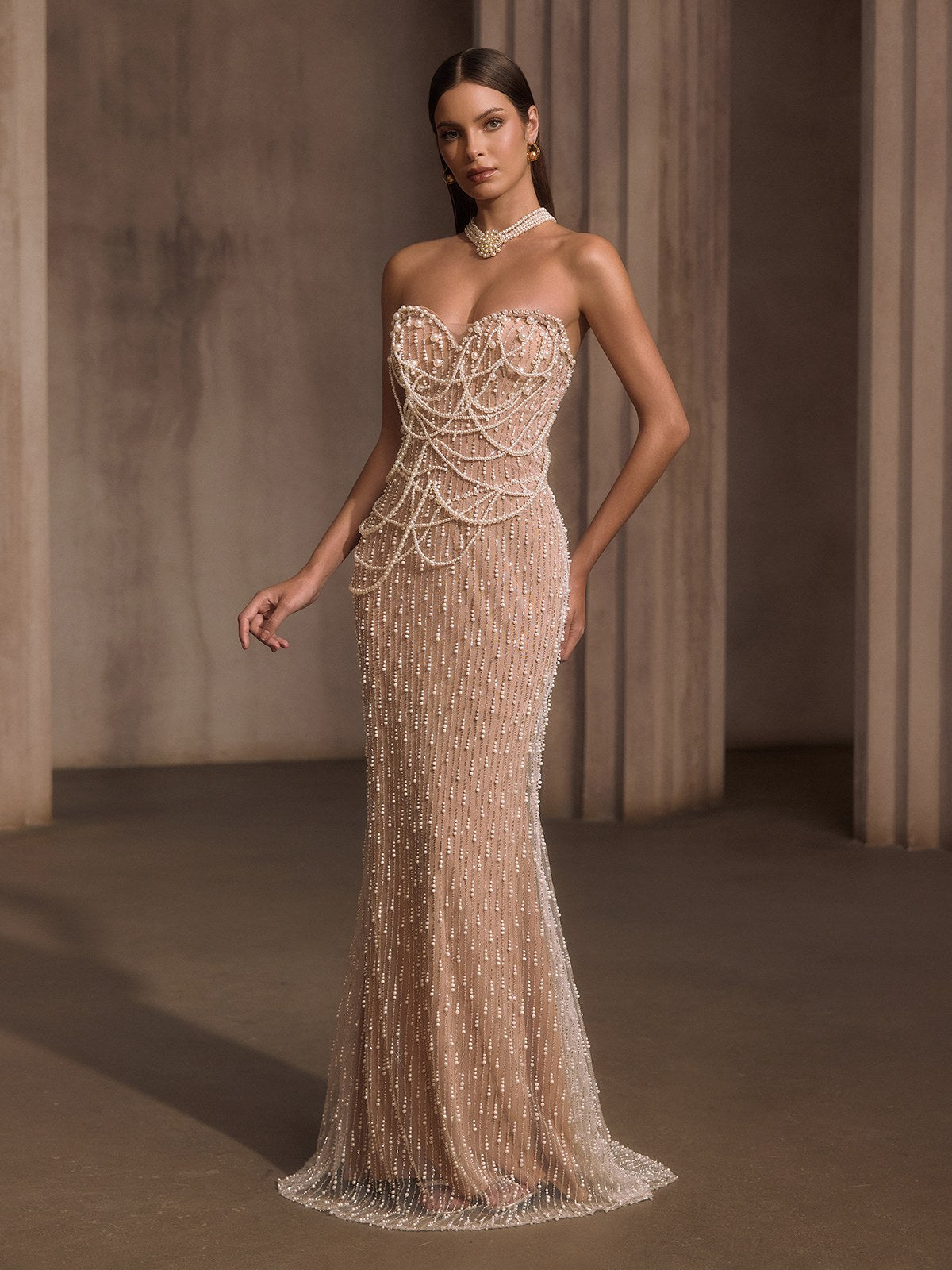 Lelyxyn Strapless Pearl Fringe Chain Maxi Dress - Image 4
