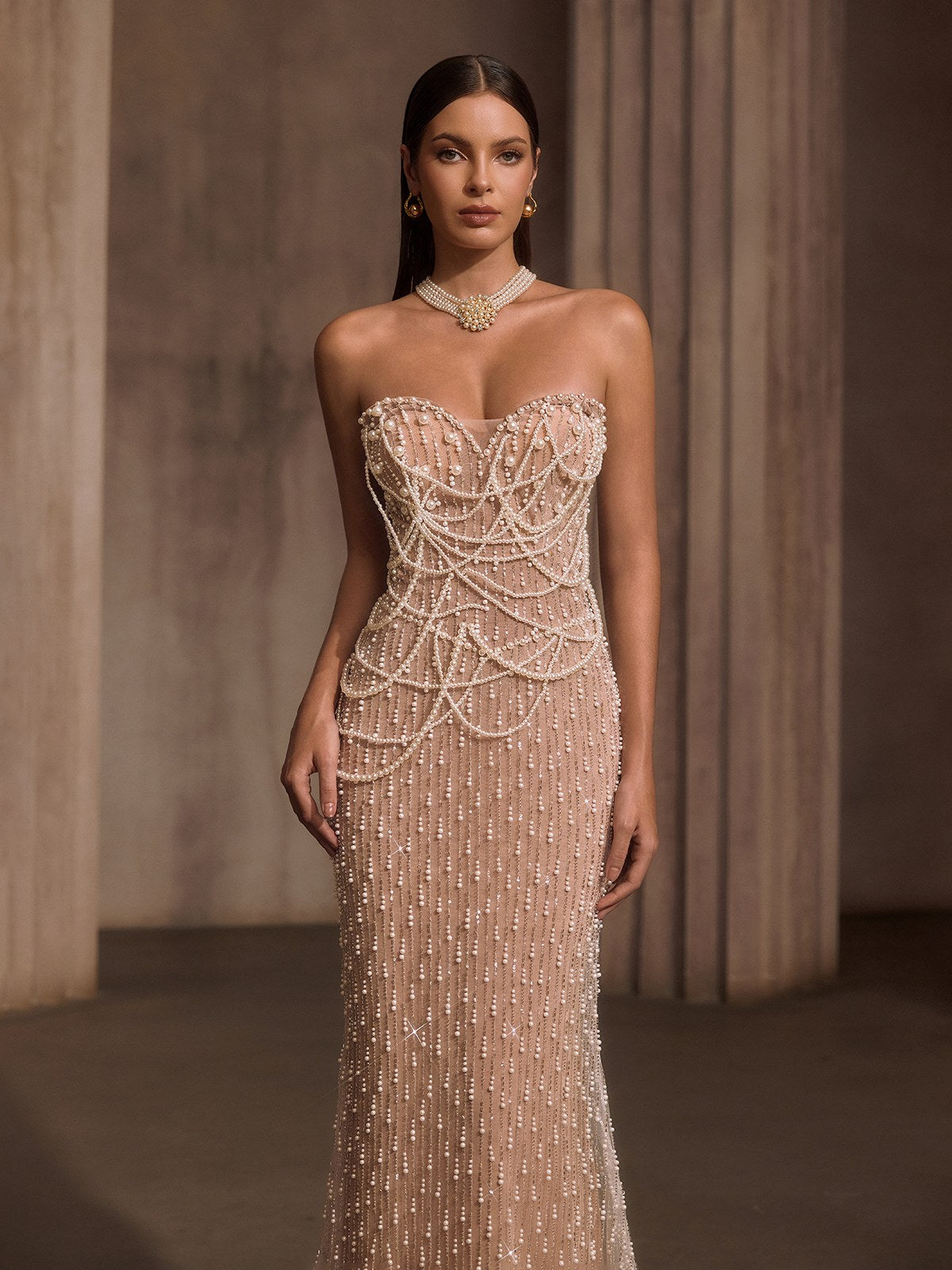 Lelyxyn Strapless Pearl Fringe Chain Maxi Dress - Image 5
