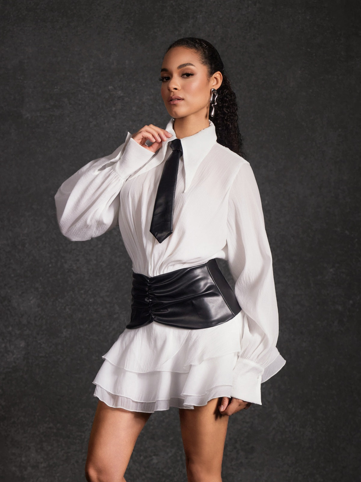 Lisandro Collar Ruched Ruffle Mini Dress In White - Image 2
