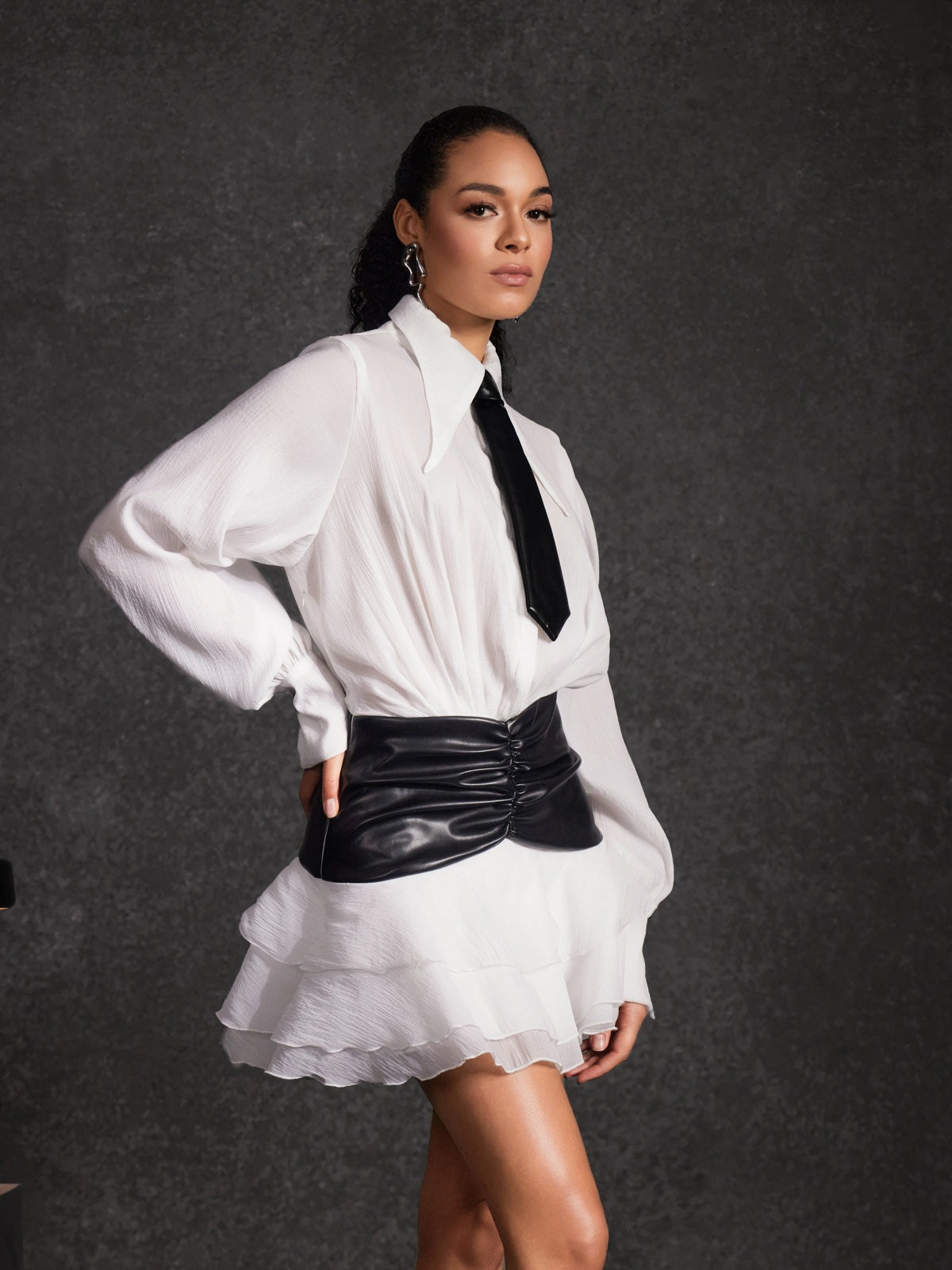 Lisandro Collar Ruched Ruffle Mini Dress In White - Image 5