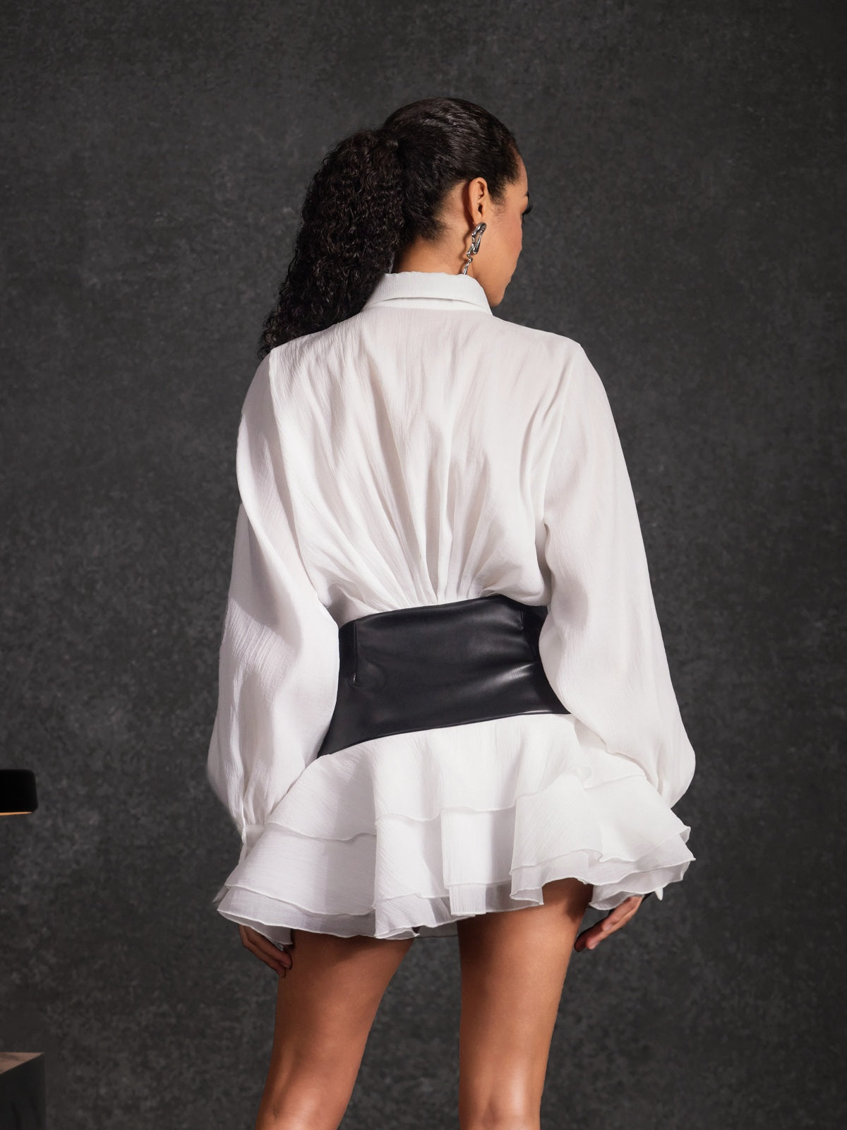 Lisandro Collar Ruched Ruffle Mini Dress In White - Image 6