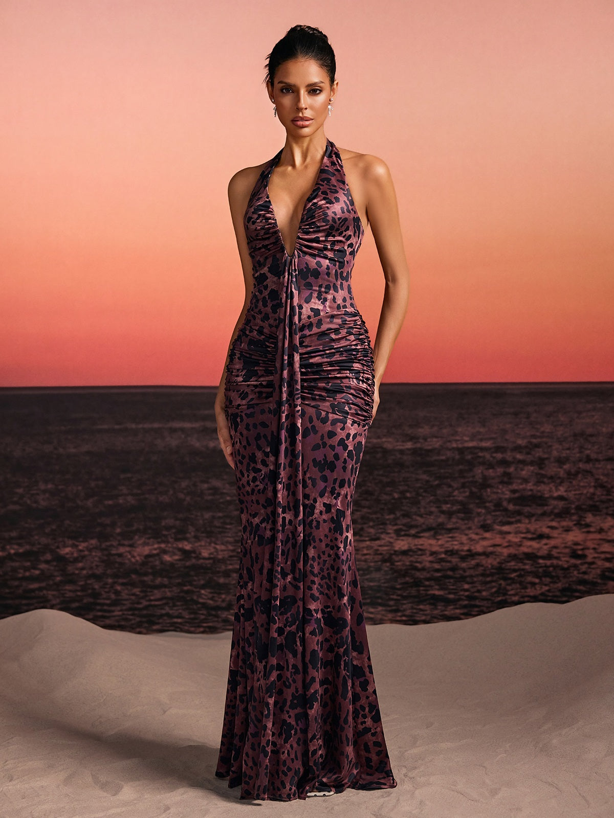 Lothen Halterneck Leopard Ruched Maxi Dress