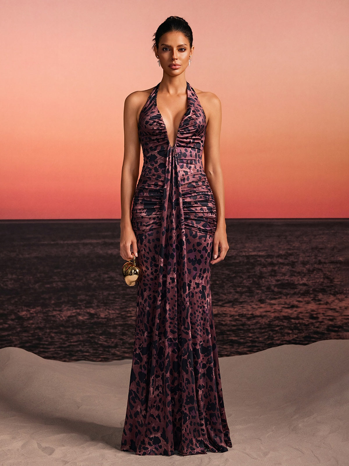 Lothen Halterneck Leopard Ruched Maxi Dress - Image 4
