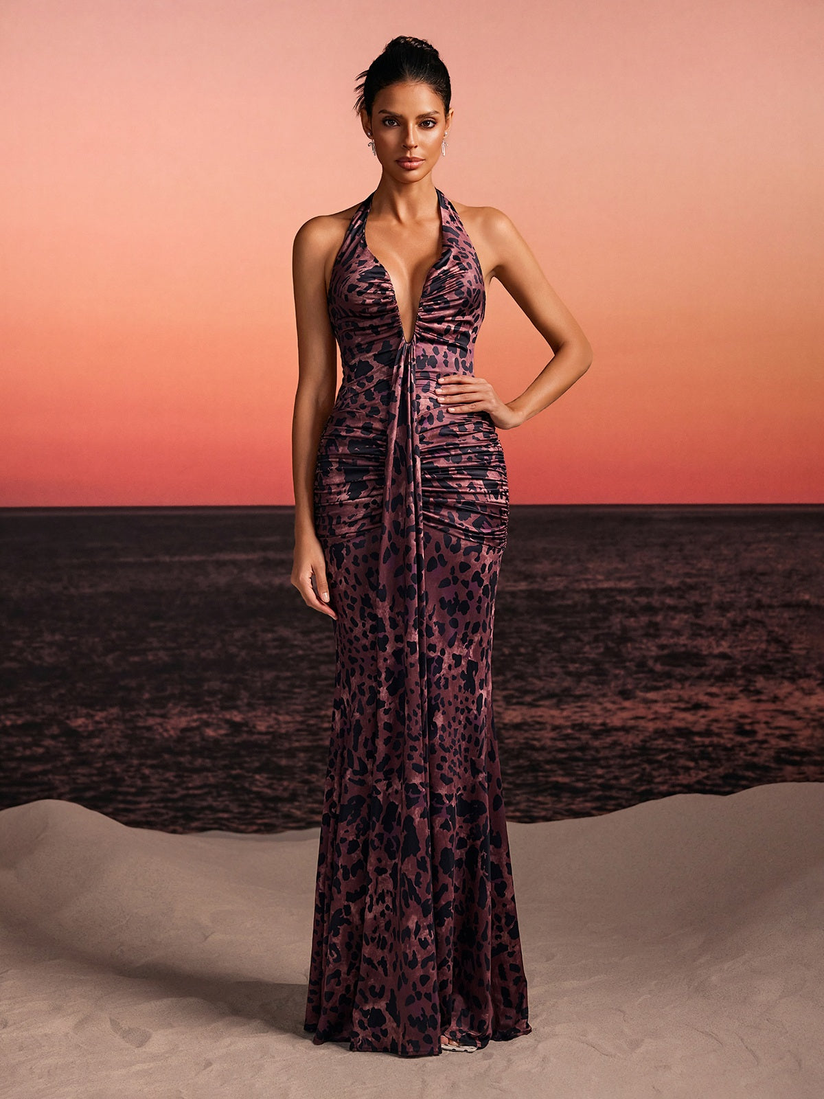 Lothen Halterneck Leopard Ruched Maxi Dress - Image 5