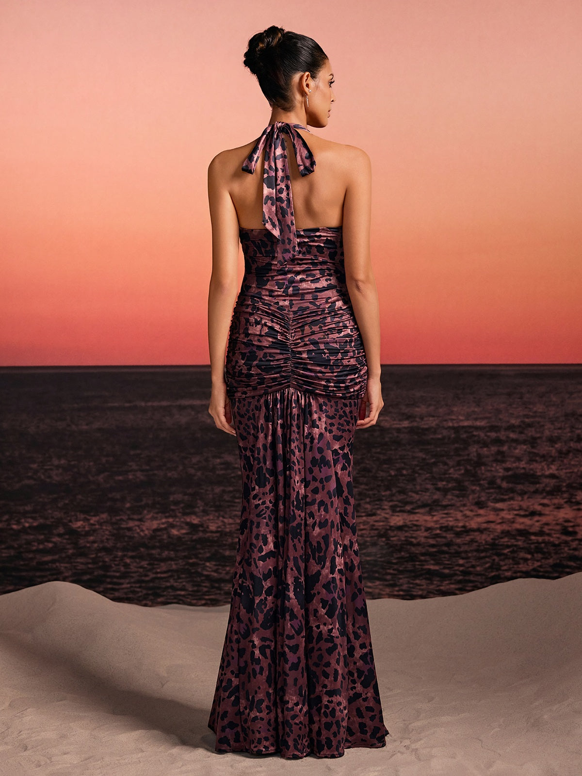 Lothen Halterneck Leopard Ruched Maxi Dress - Image 6
