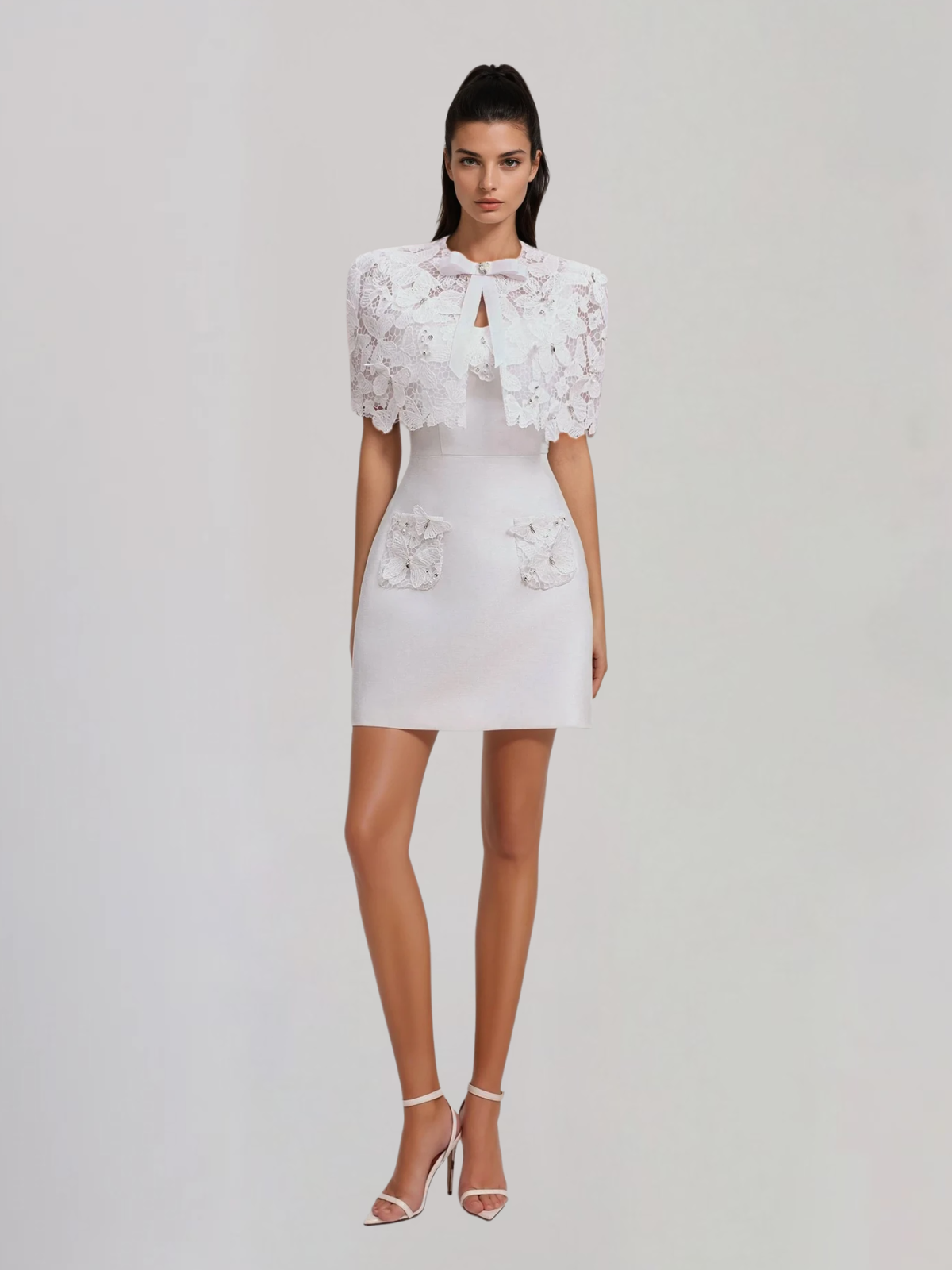 Lusev Cape Lace Butterfly Mini Dress