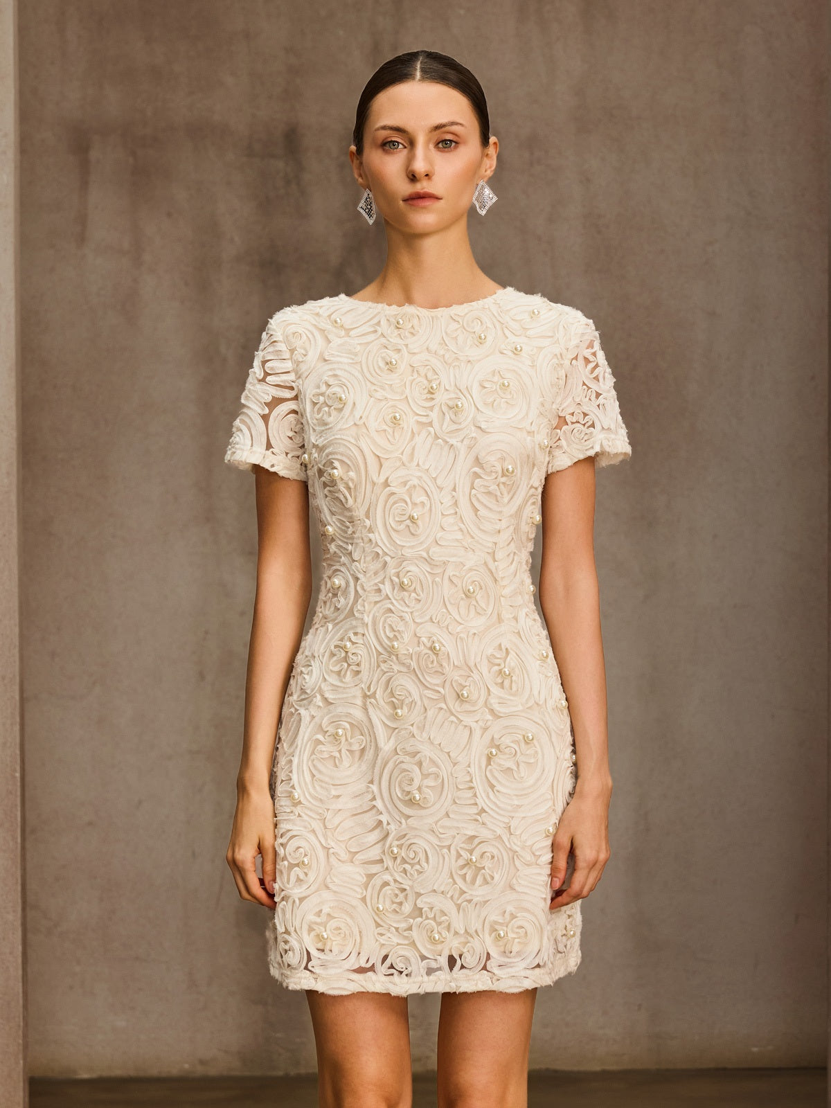 Lytheron Short Sleeve Pearl Floral Mini Dress