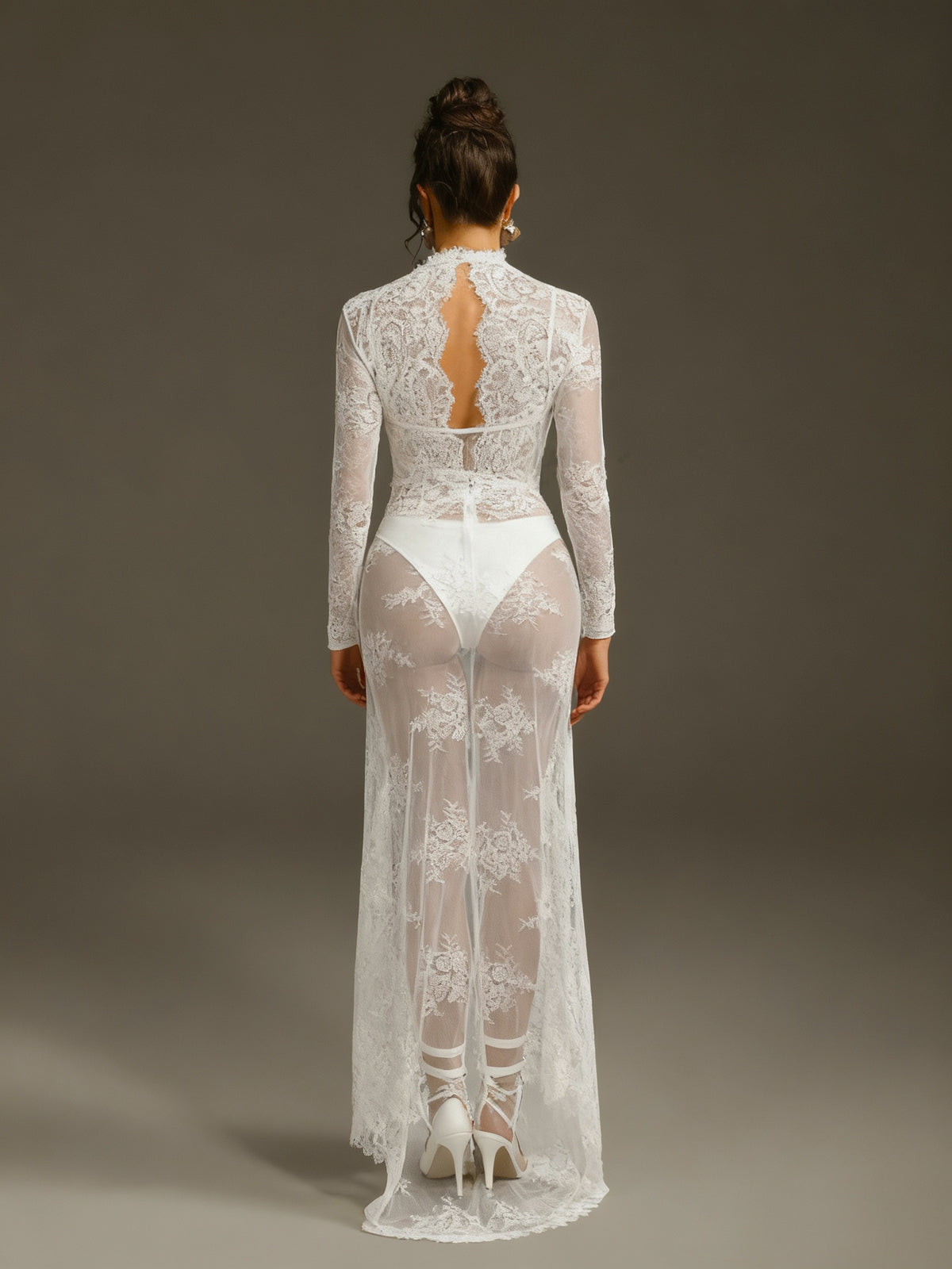 Mareike Long Sleeve Lace Split Maxi Dress In White - Image 3