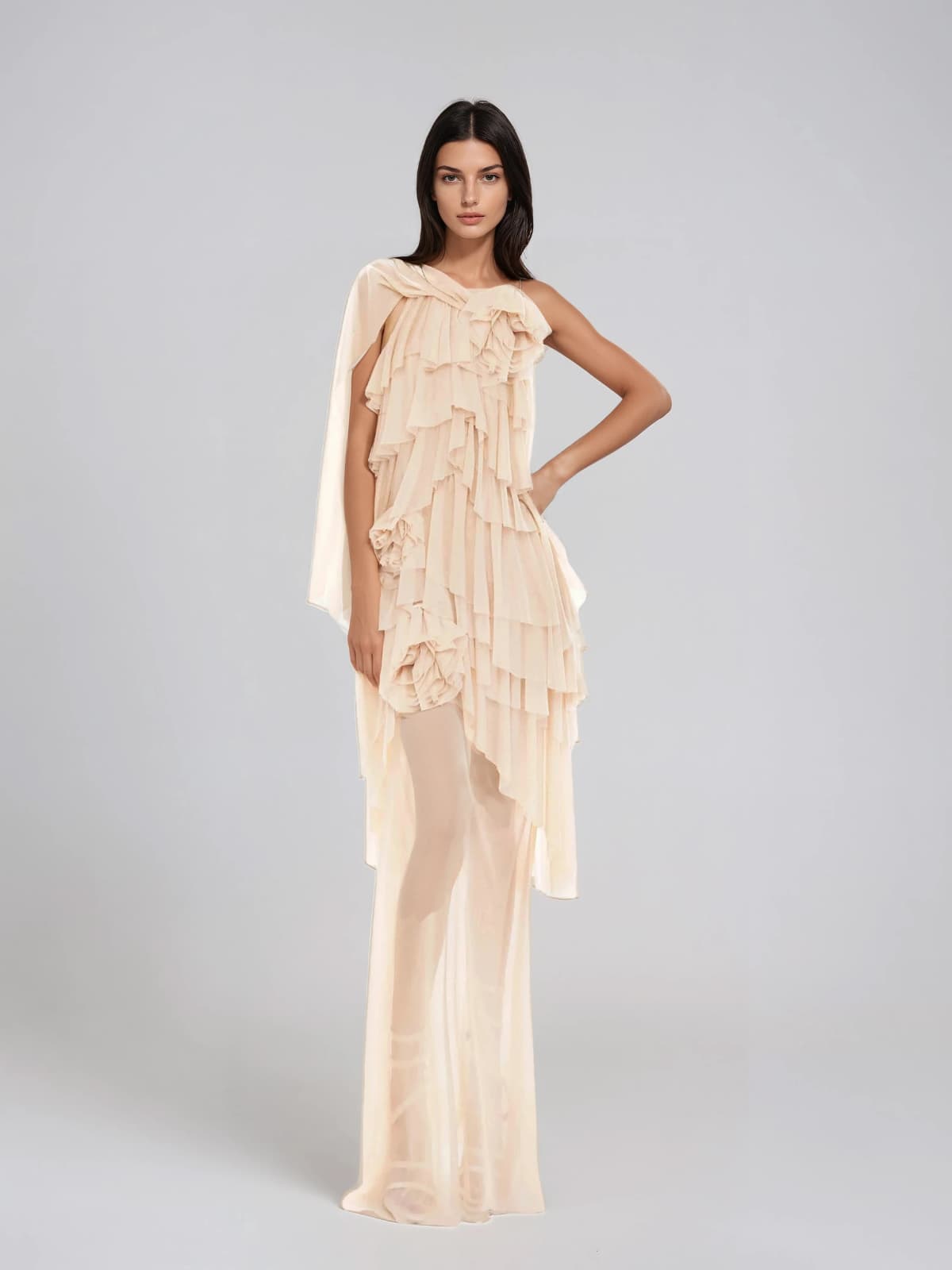 Marnix Flower Mesh Ruffle Maxi Dress