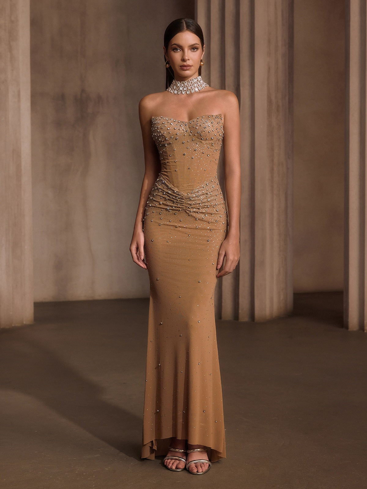 Nelyxor Strapless Rhinestone Corset Maxi Dress