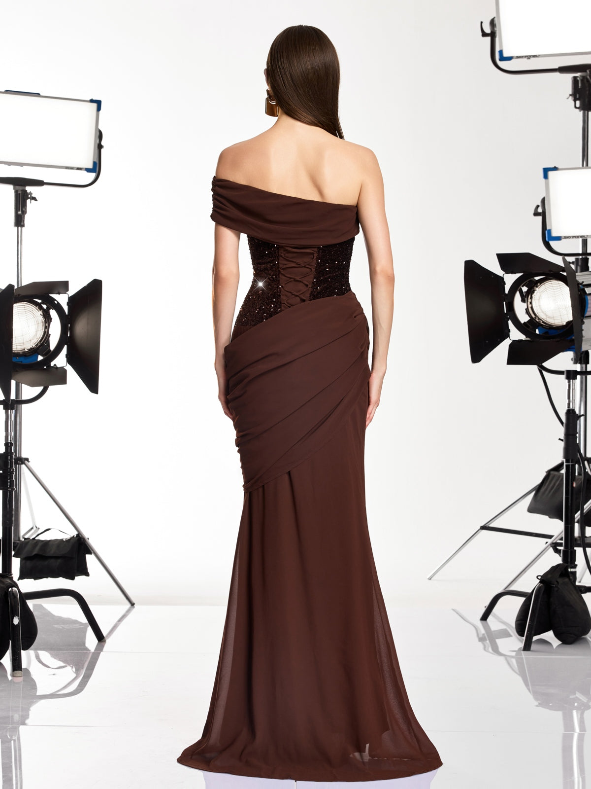Neravo One Shoulder Sequin Ruched Maxi Dress - Image 7