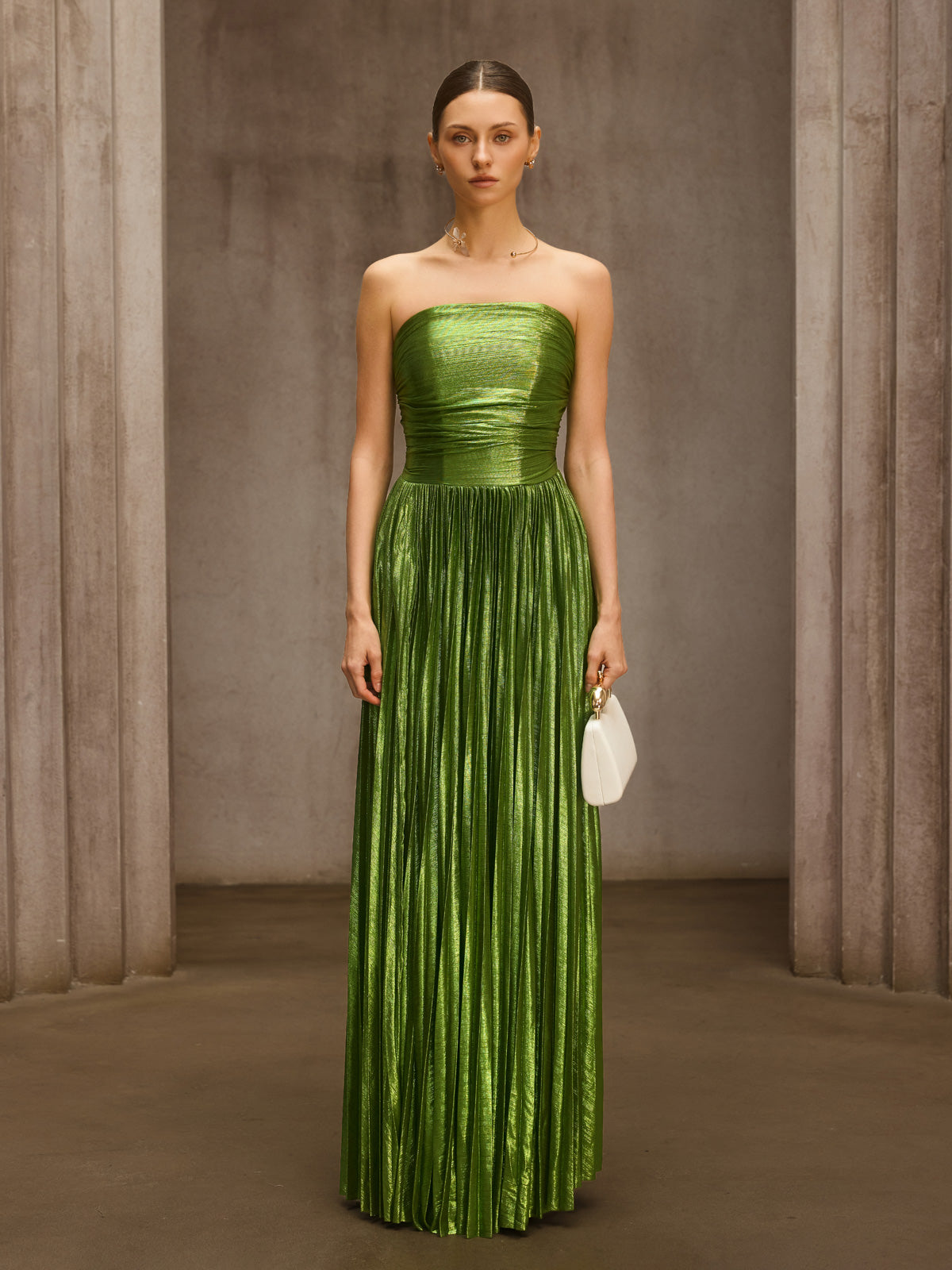 Nexirae Strapless Pleated Metallic Maxi Dress