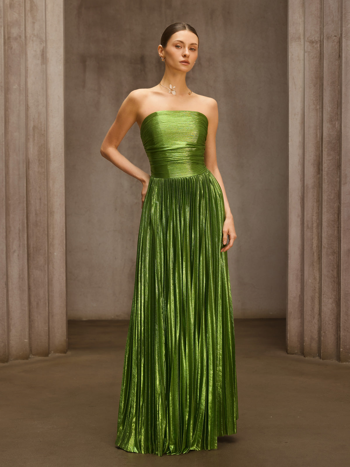 Nexirae Strapless Pleated Metallic Maxi Dress - Image 4