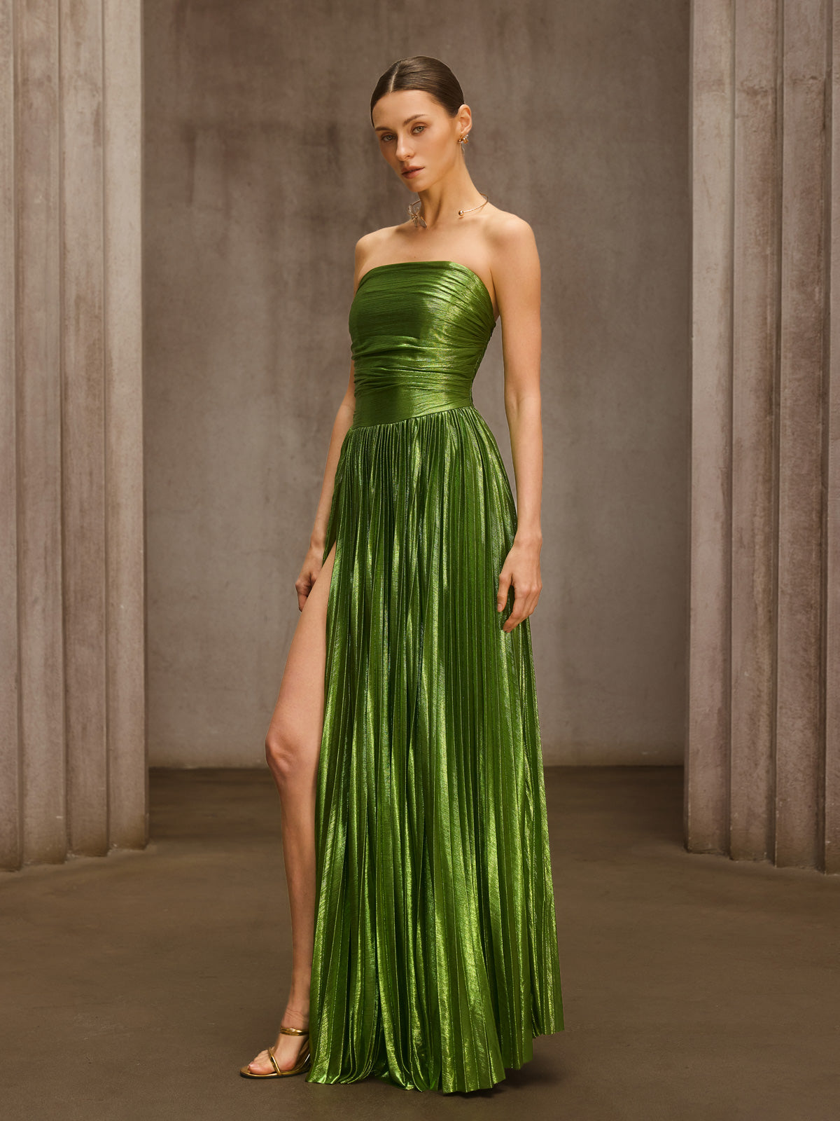 Nexirae Strapless Pleated Metallic Maxi Dress - Image 5