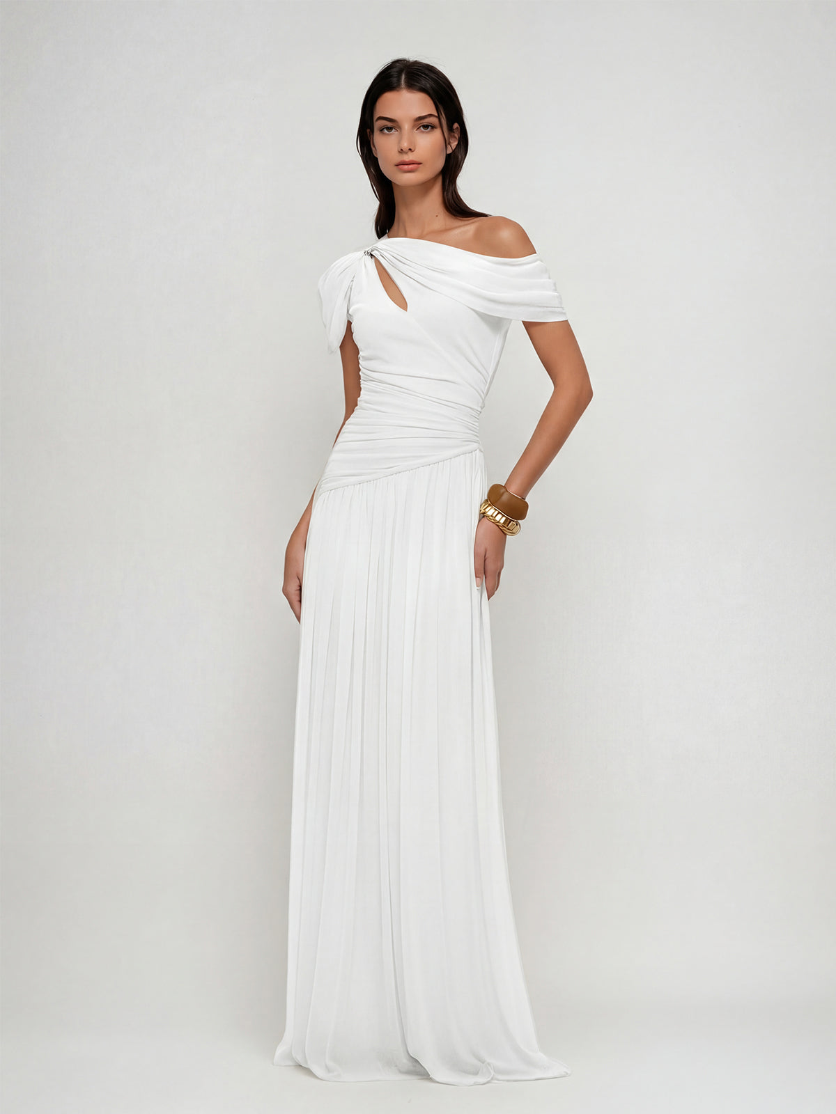 Nexoryn One Shoulder Ruched Maxi Dress In White
