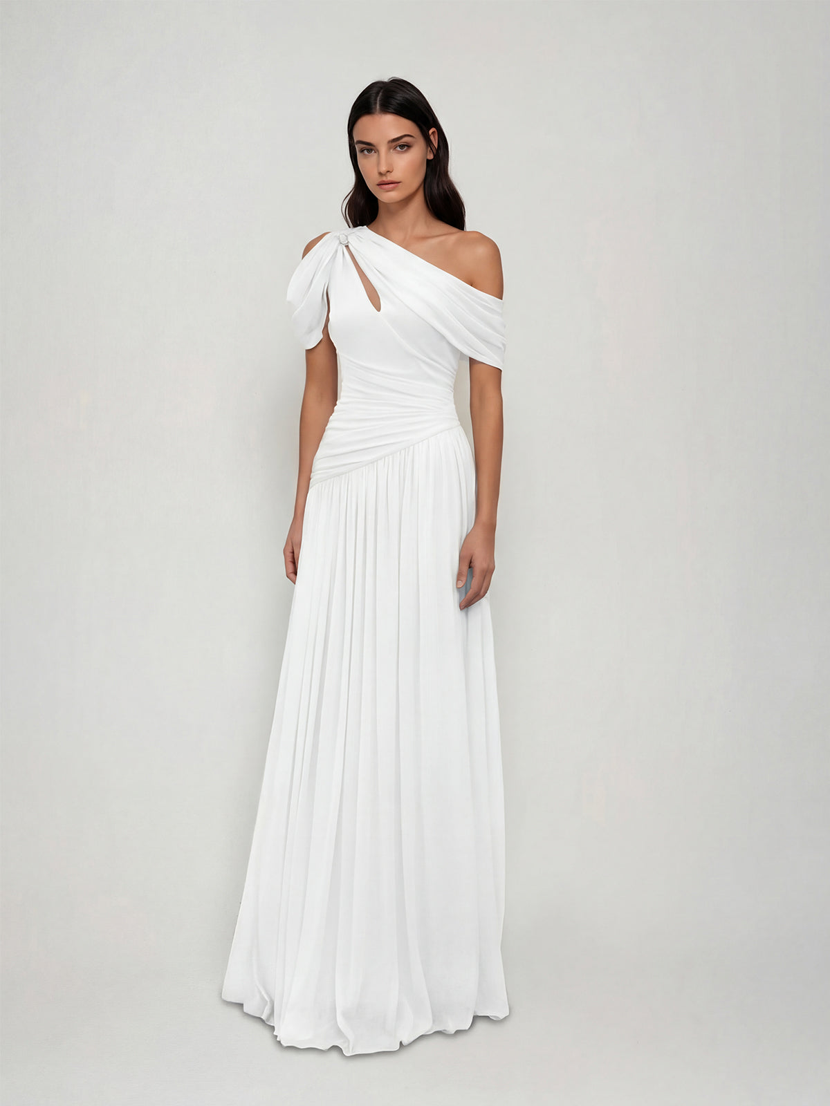 Nexoryn One Shoulder Ruched Maxi Dress In White - Image 2