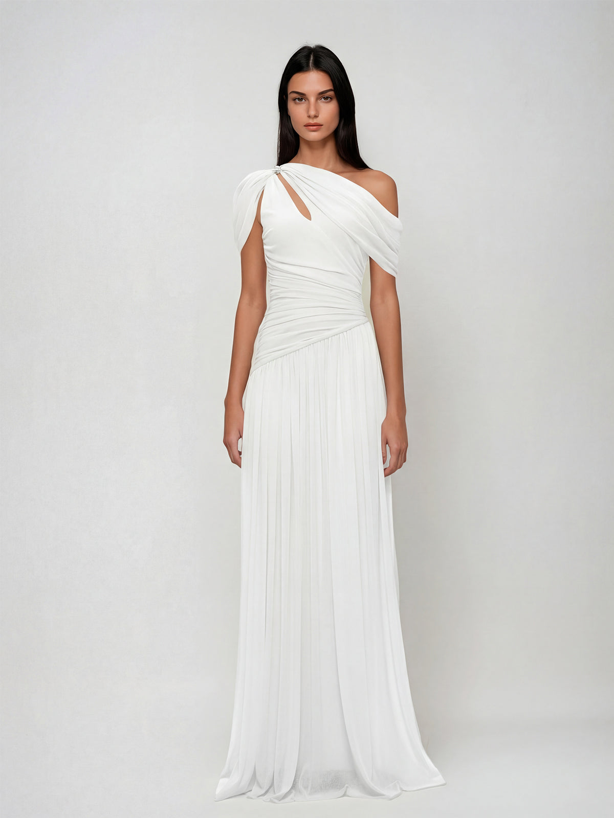Nexoryn One Shoulder Ruched Maxi Dress In White - Image 3