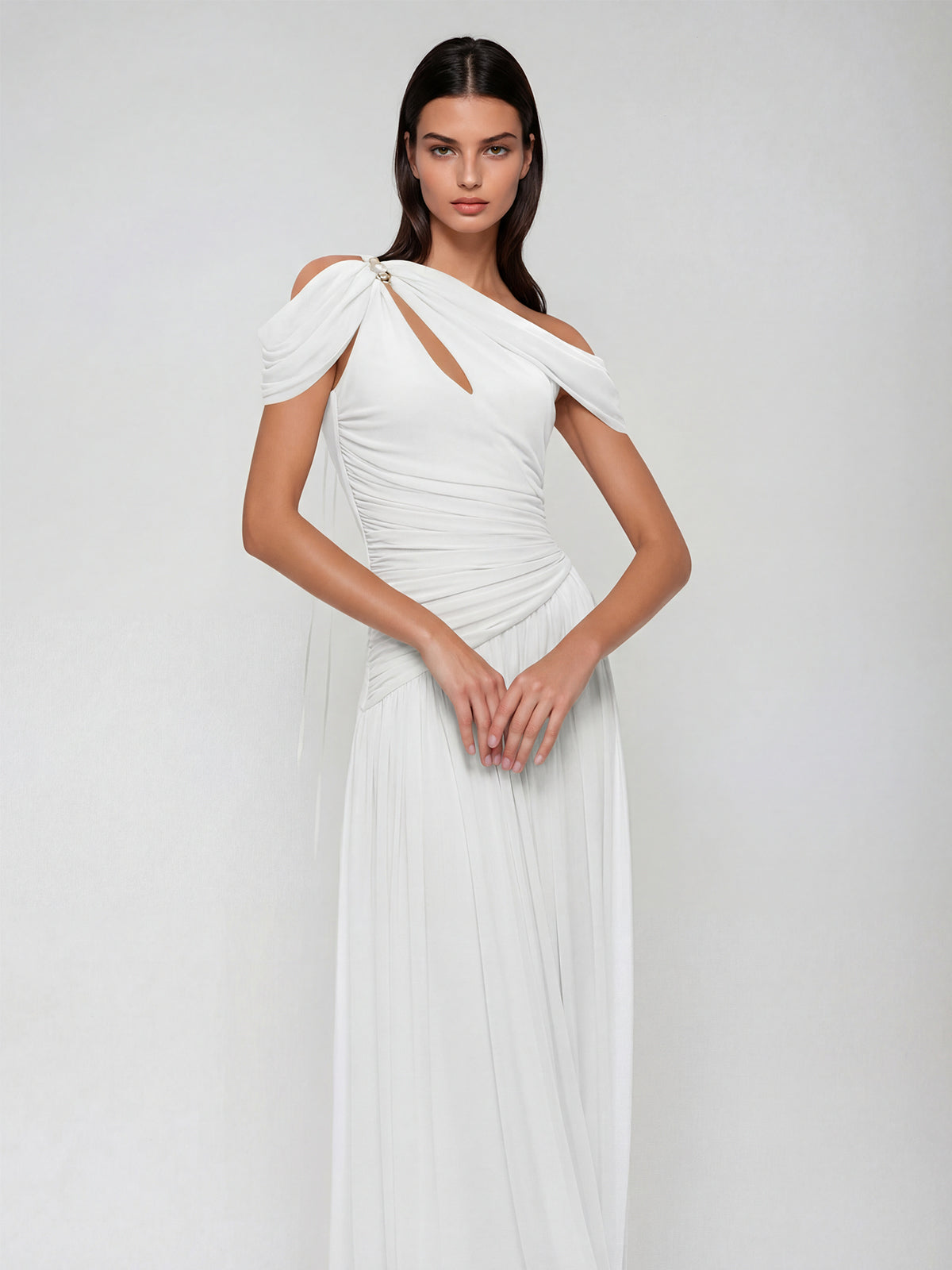 Nexoryn One Shoulder Ruched Maxi Dress In White - Image 4