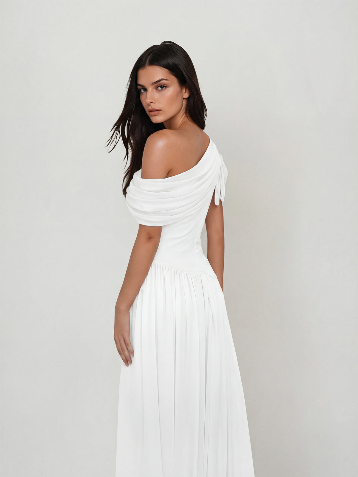 Nexoryn One Shoulder Ruched Maxi Dress In White - Image 5