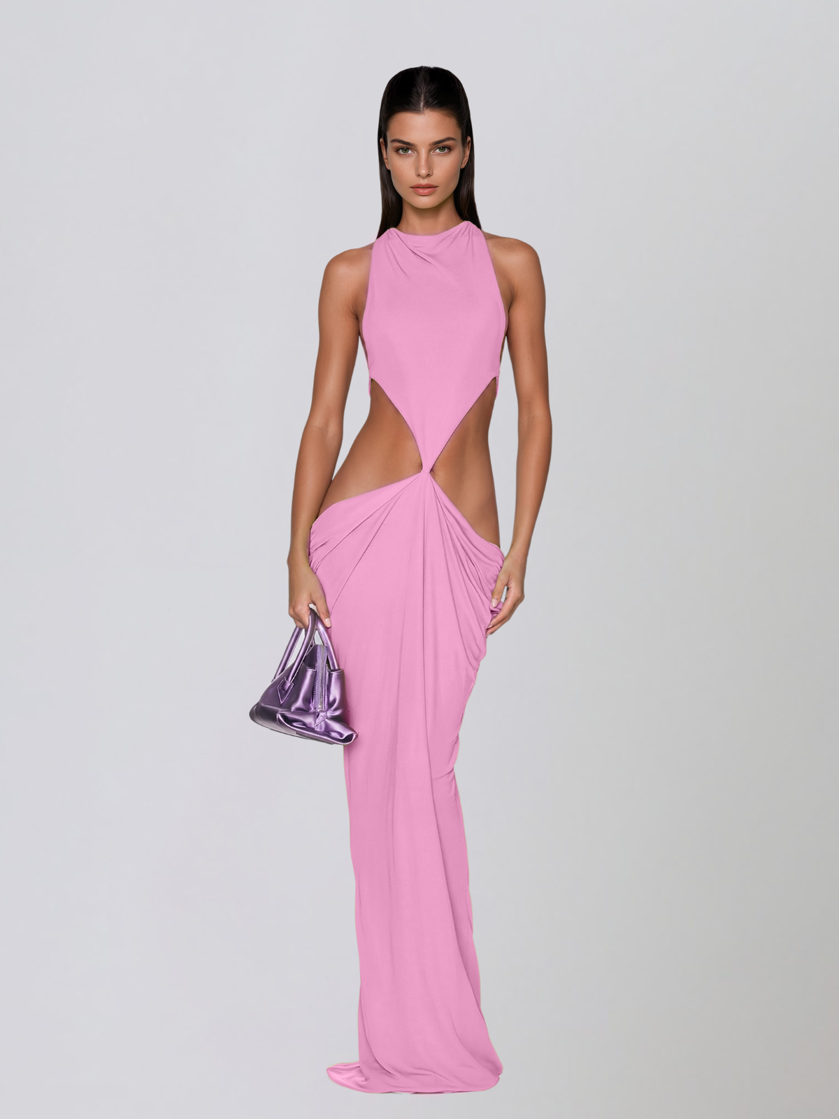 Norvalen Backless Cutout Draped Maxi Dress In Pink - Image 3
