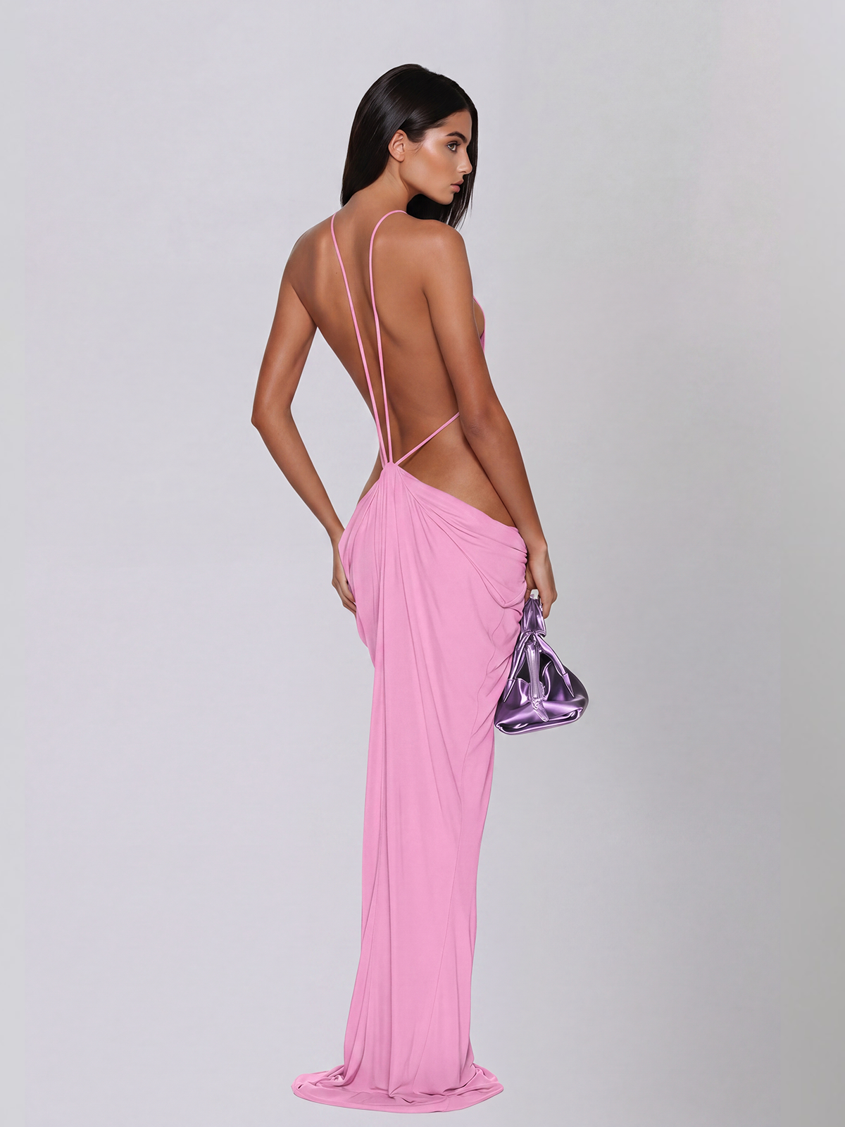 Norvalen Backless Cutout Draped Maxi Dress In Pink - Image 4